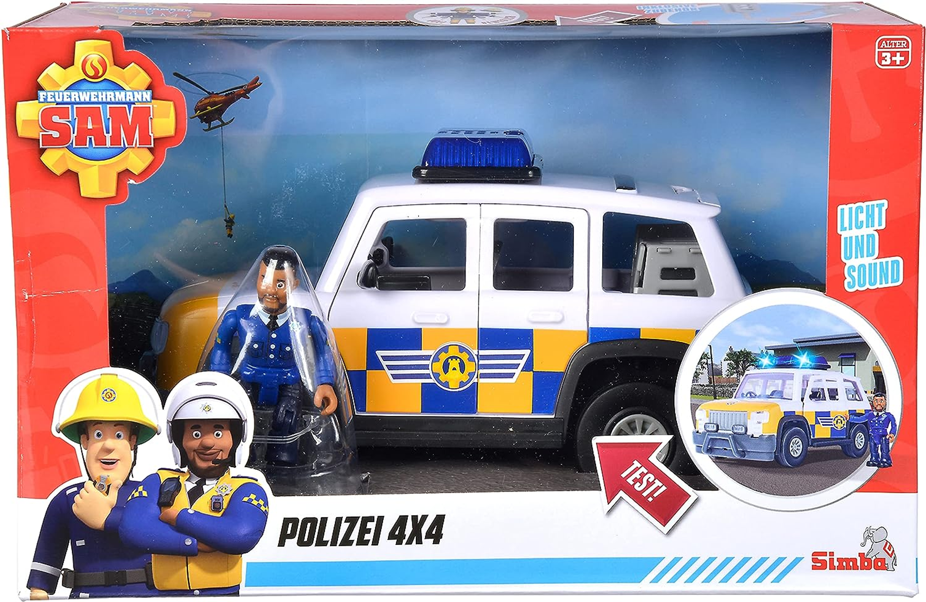 Spielzeug-Polizeiauto in einer Schachtel mit Feuerwehrfiguren.