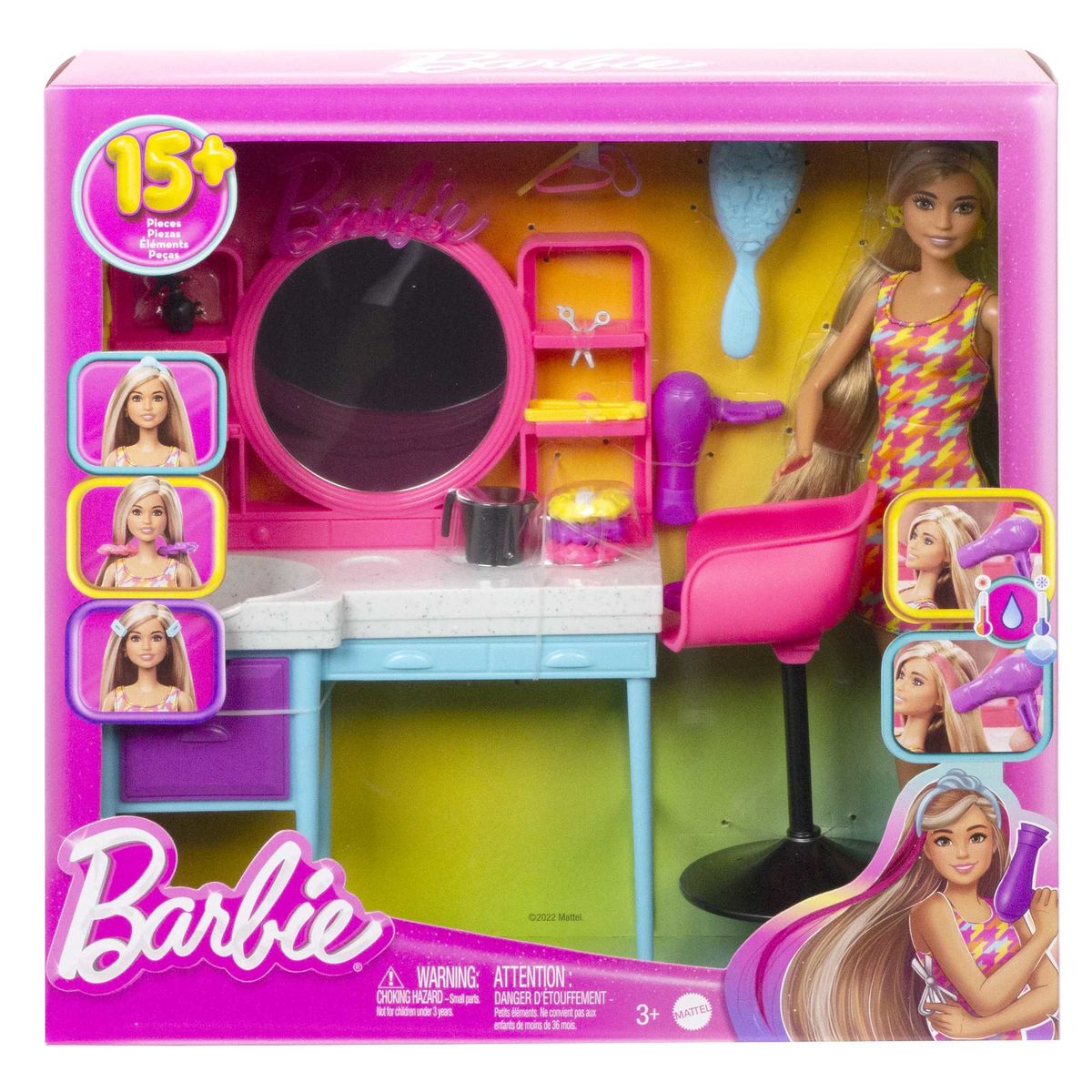 Zestaw Barbie z toaletką, lustrem, krzesłem i akcesoriami. Wiele obrazów Barbie na pudełku.