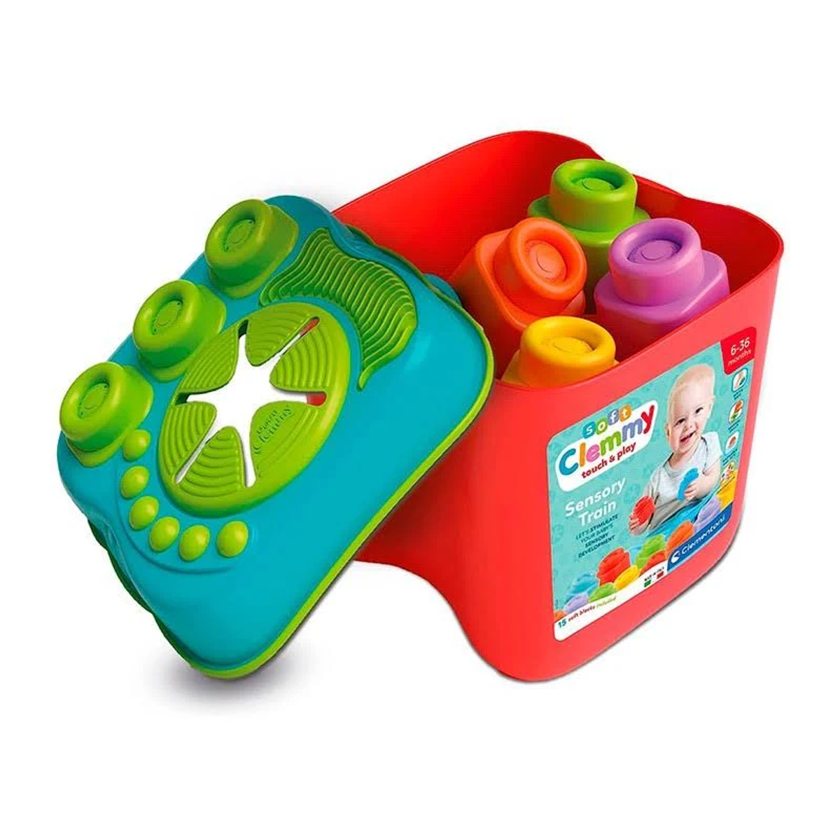 Un contenedor rojo que contiene bloques coloridos. Un bebé aparece en la caja con el texto: touch & play.