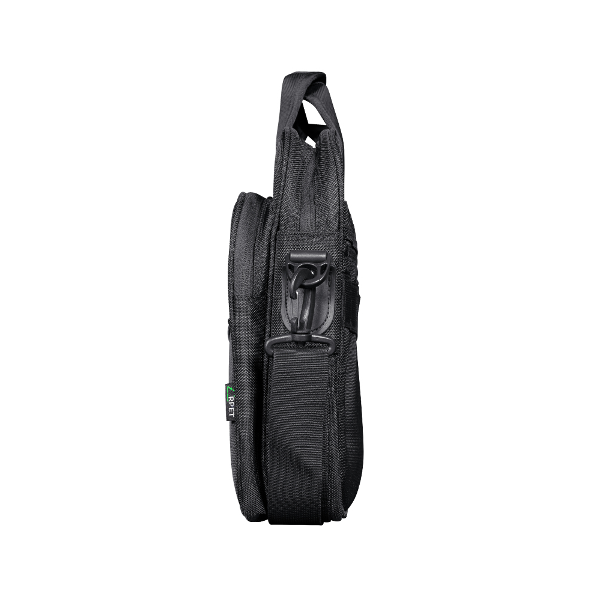 Borsa messenger nera, vista laterale con tracolla e manico.