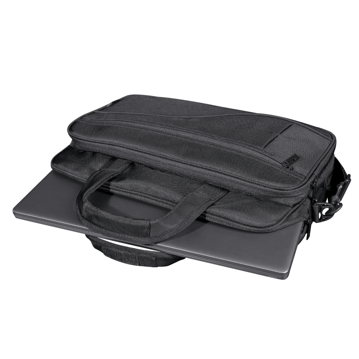Borsa nera per laptop con manico, parzialmente aperta, che rivela un laptop all'interno.