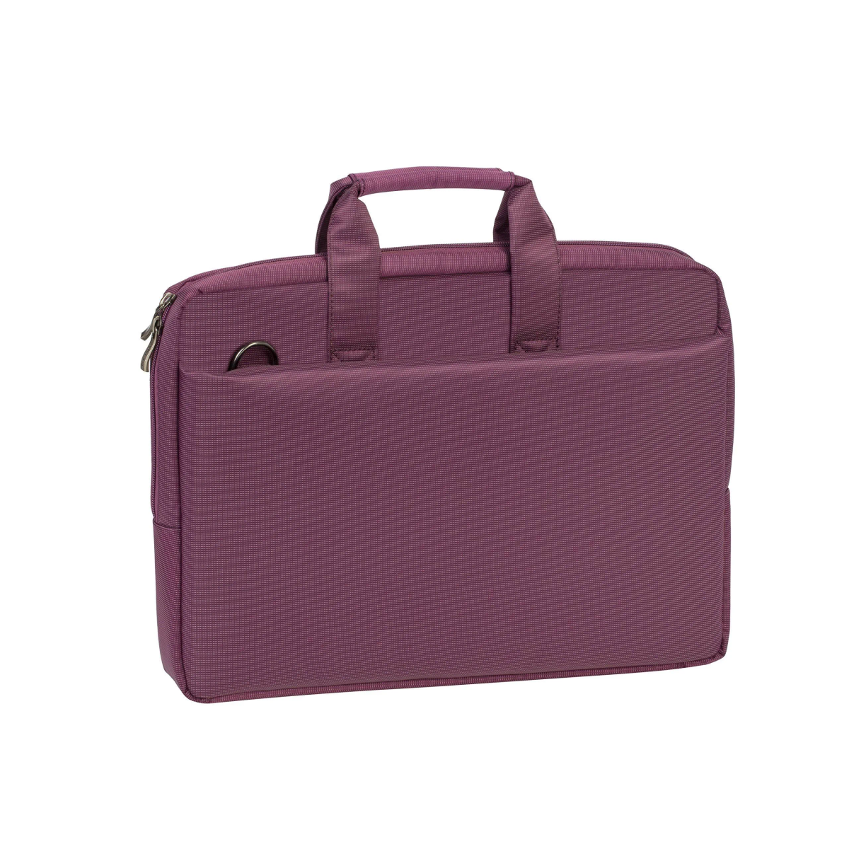 Purple laptop bag with top handle, side zipper and a metal ring.