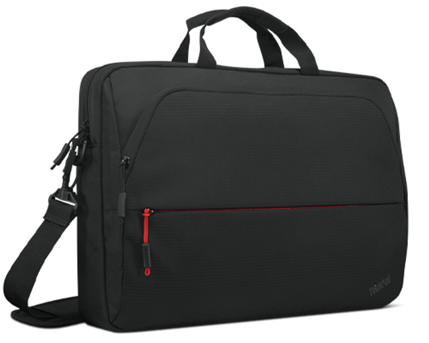 Black laptop bag with a handle, shoulder strap, and red zipper details.