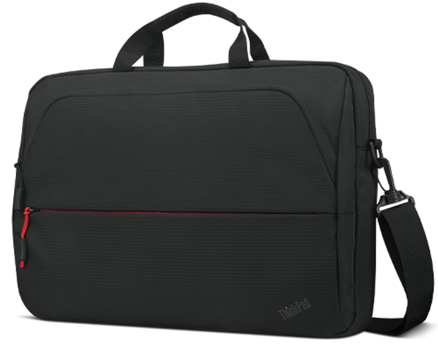 Black laptop bag with a red zipper and a handle.