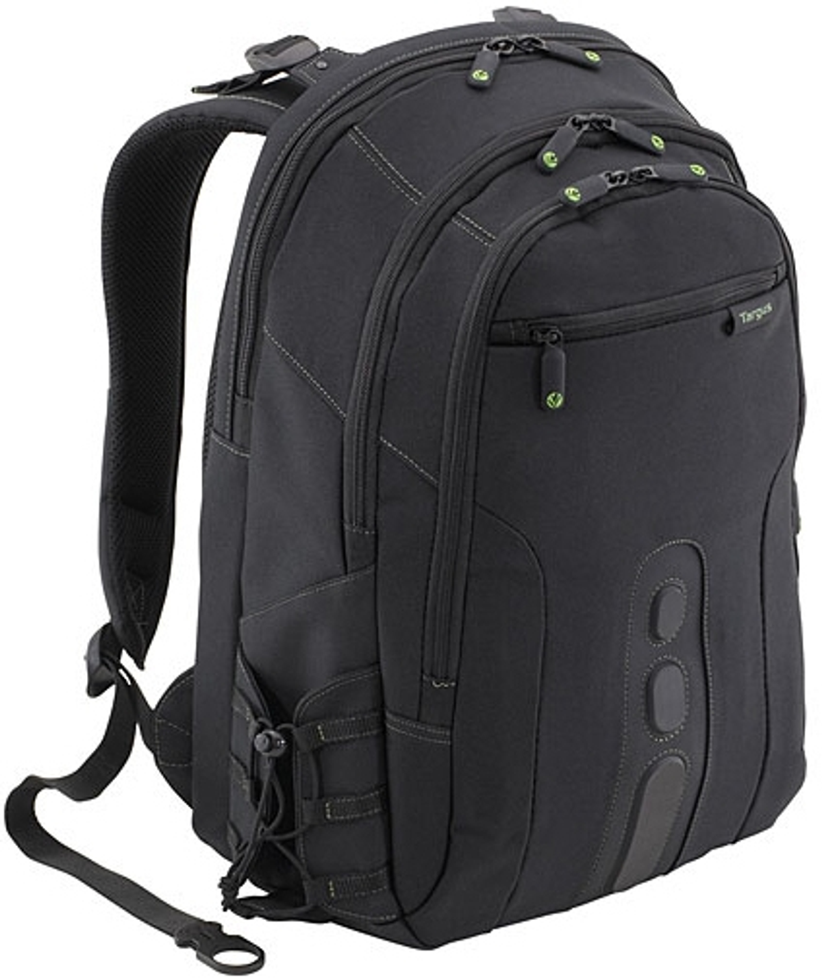 Ein schwarzer Rucksack mit mehreren Fächern und einer seitlichen Trinkflaschentasche.