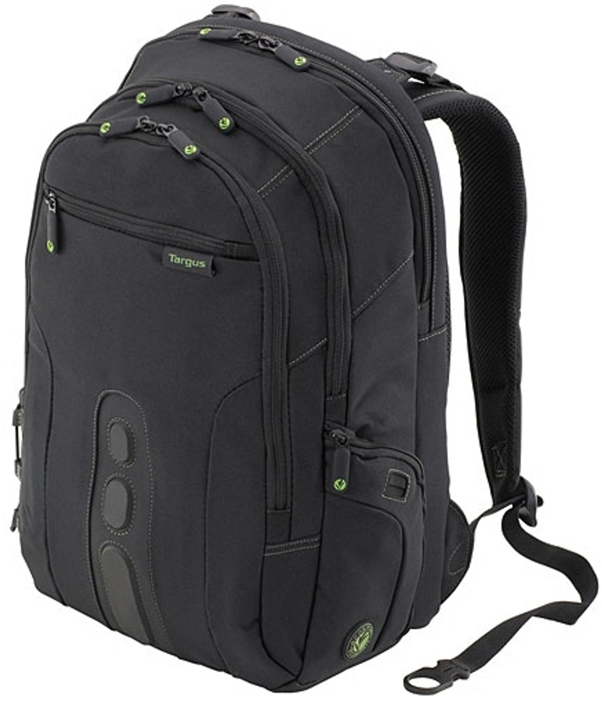 Ein schwarzer Targus-Rucksack mit mehreren Fächern, Reißverschlüssen und einem Schultergurt.