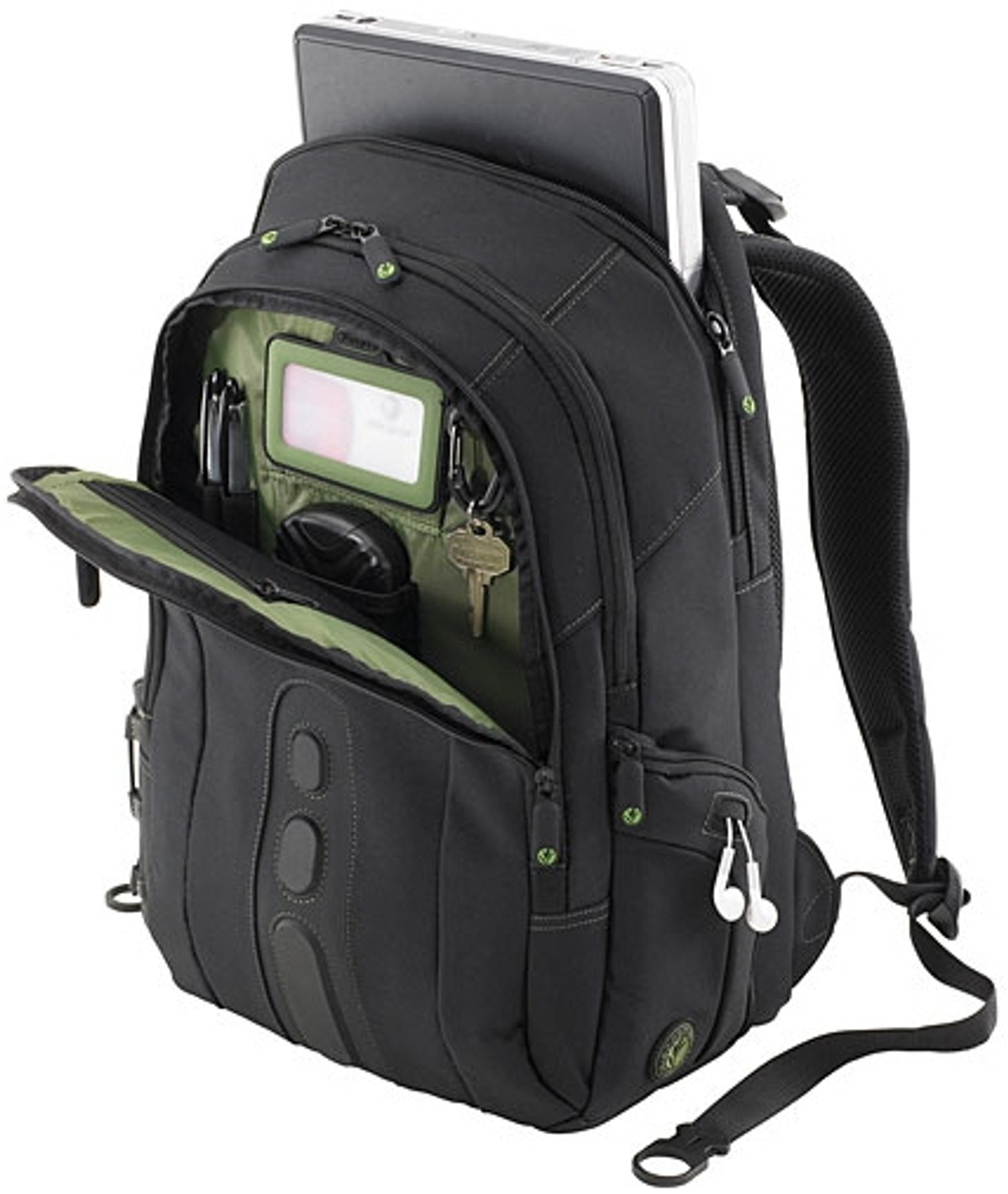 Schwarzer Rucksack, offen, mit Laptop und Gegenständen darin. Grüner Innenraum, weißer Grund.