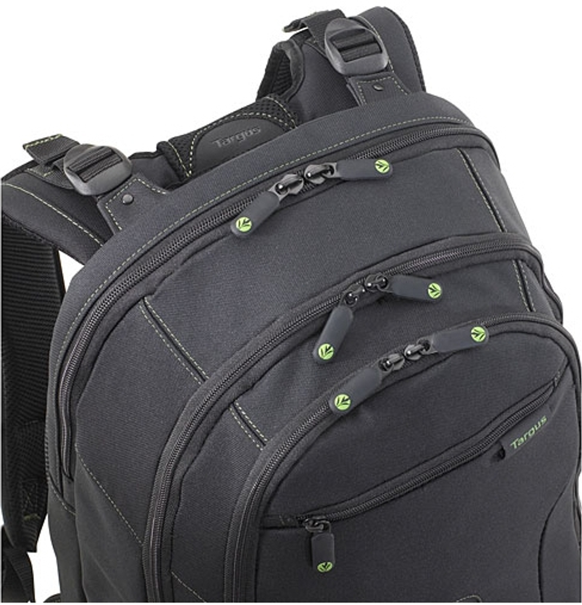 Schwarzer Targus-Rucksack. Sichtbar sind Reißverschlüsse mit grünen Akzenten, Riemen und der obere Griff.