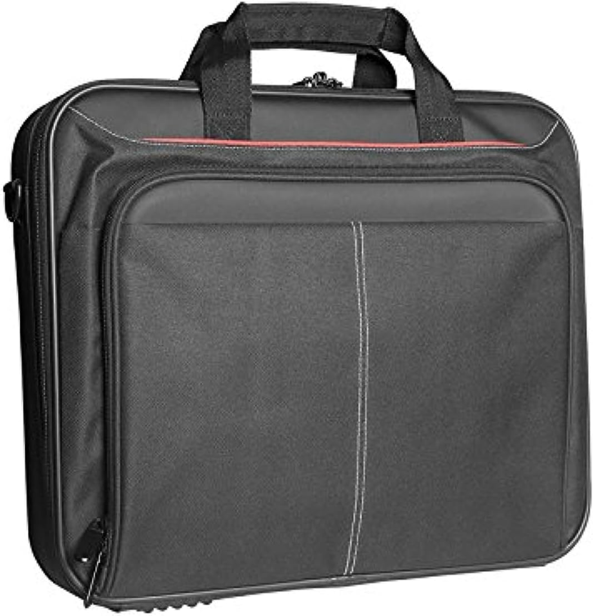 Eine schwarze Laptoptasche mit Griff und rotem Streifen oben.
