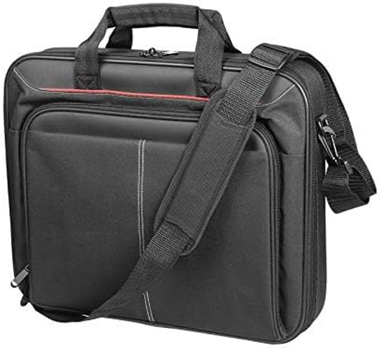 Schwarze Laptoptasche mit Griff, Schultergurt und Vordertasche.