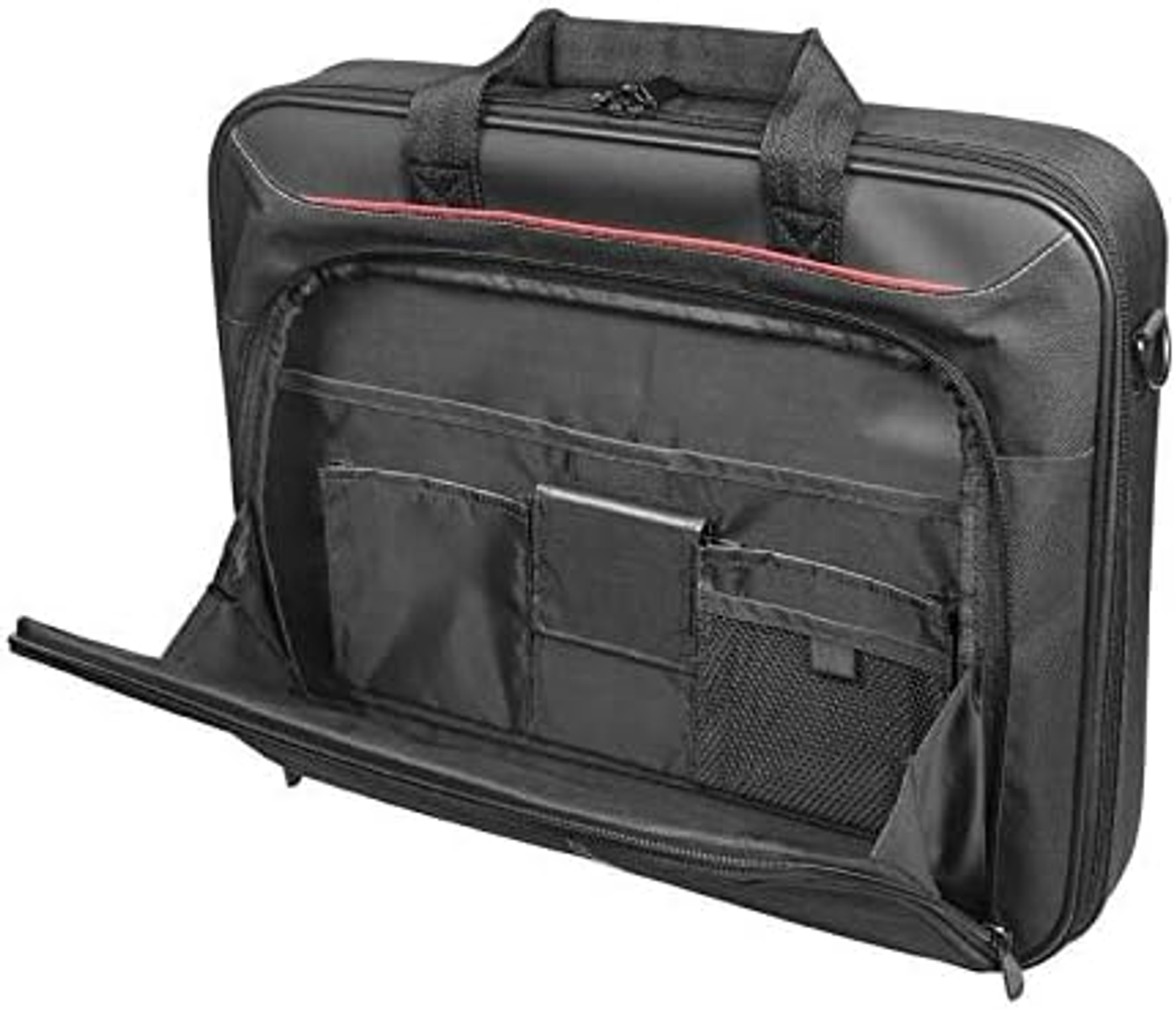 Schwarze, offene Laptoptasche mit mehreren Taschen und Griffen, roter Innenbesatz.