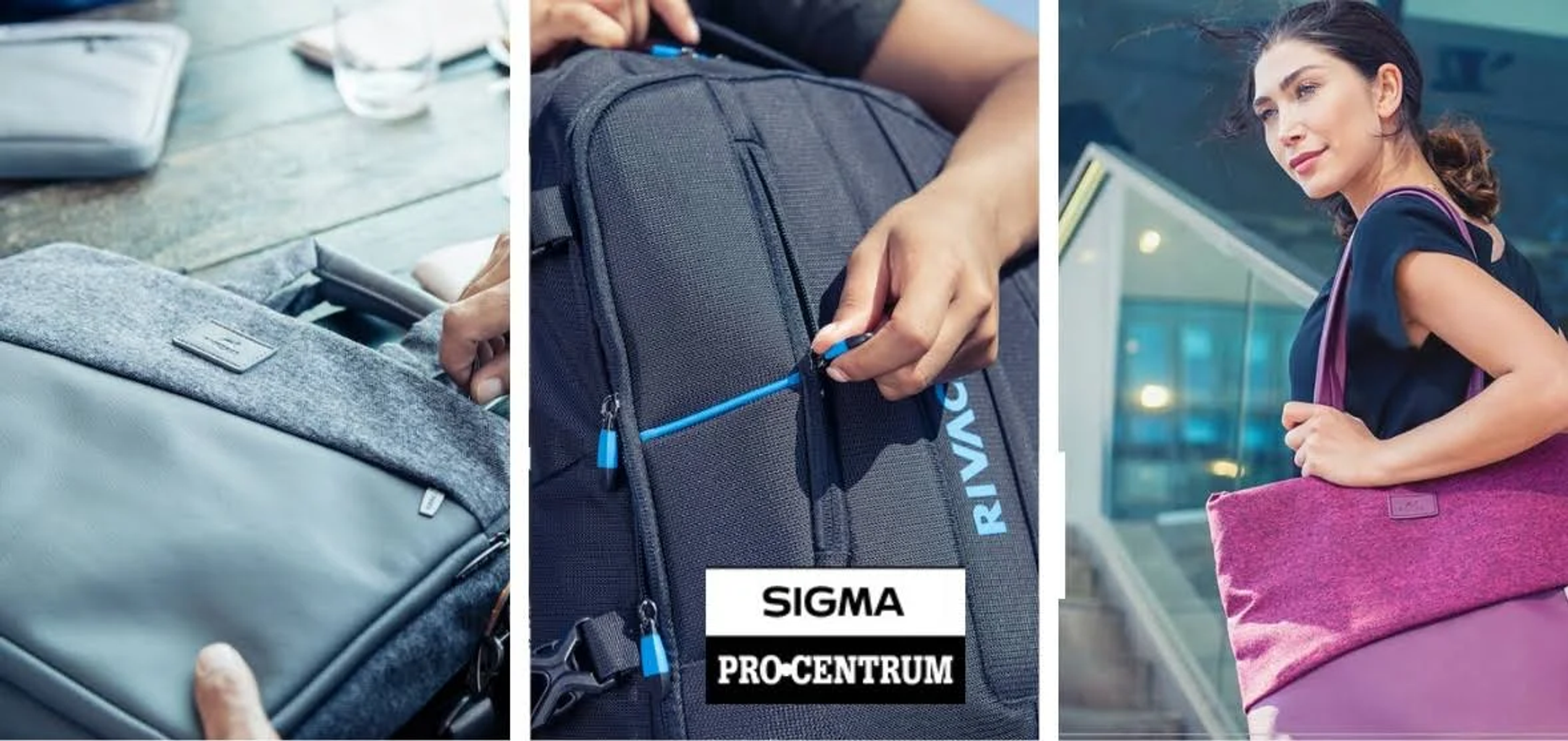 Un collage di immagini con borse. Un uomo con uno zaino, una persona che chiude la zip e una donna con una borsa.