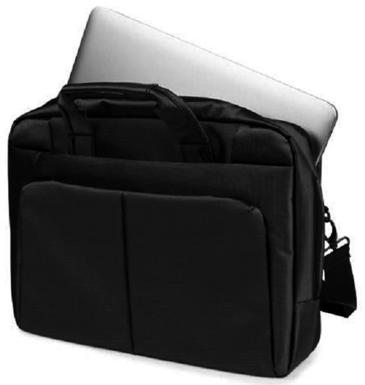 Un laptop nero in una ventiquattrore nera con tracolla. Il laptop è argento.