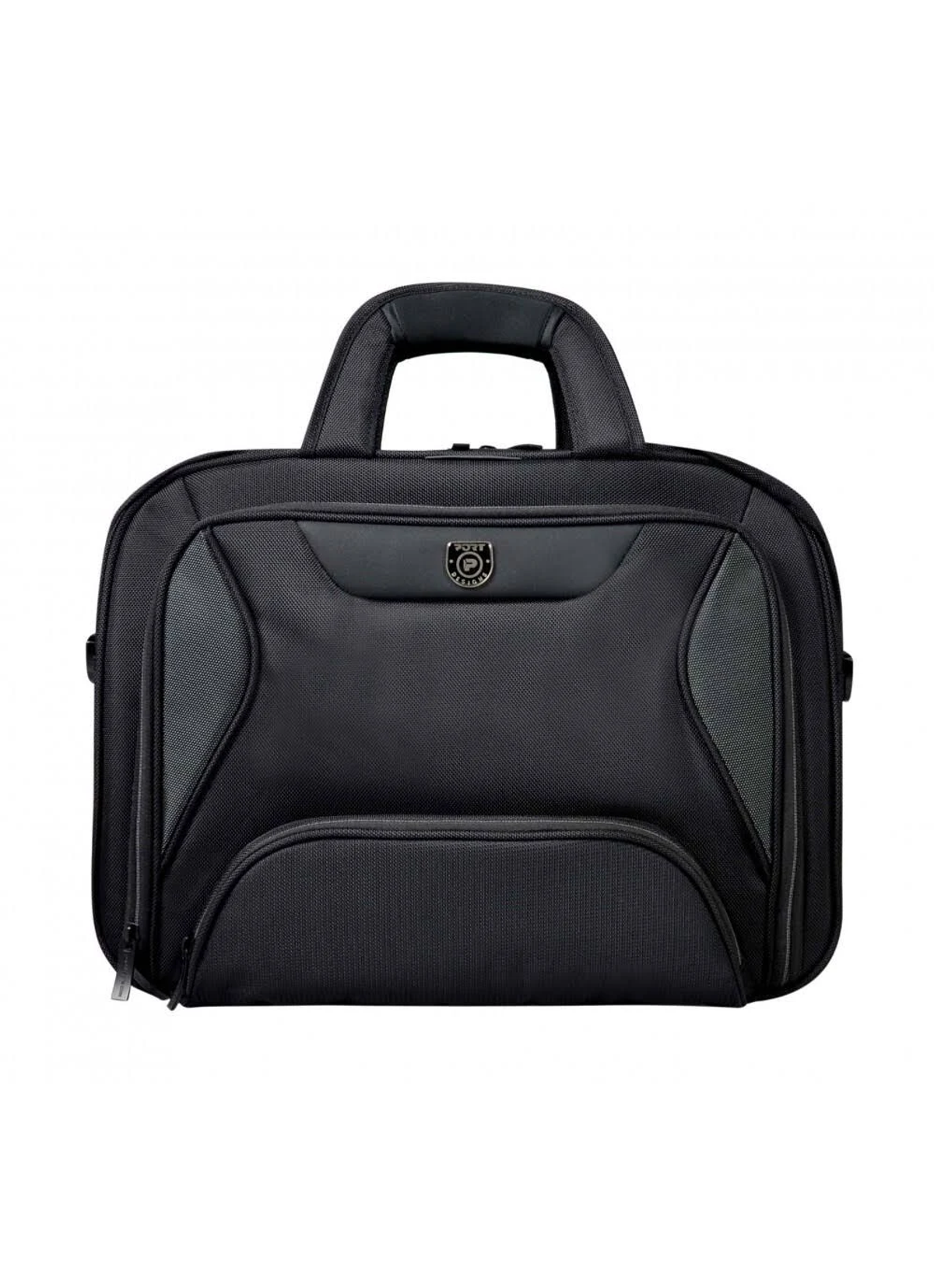 Una borsa per laptop nera con manico e tasca frontale, e un logo argentato.