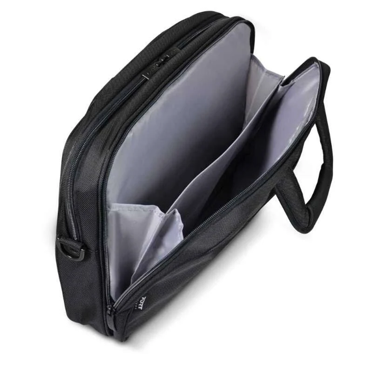 Borsa per laptop nera aperta. L'interno ha diverse tasche e una maniglia. Sfondo bianco.