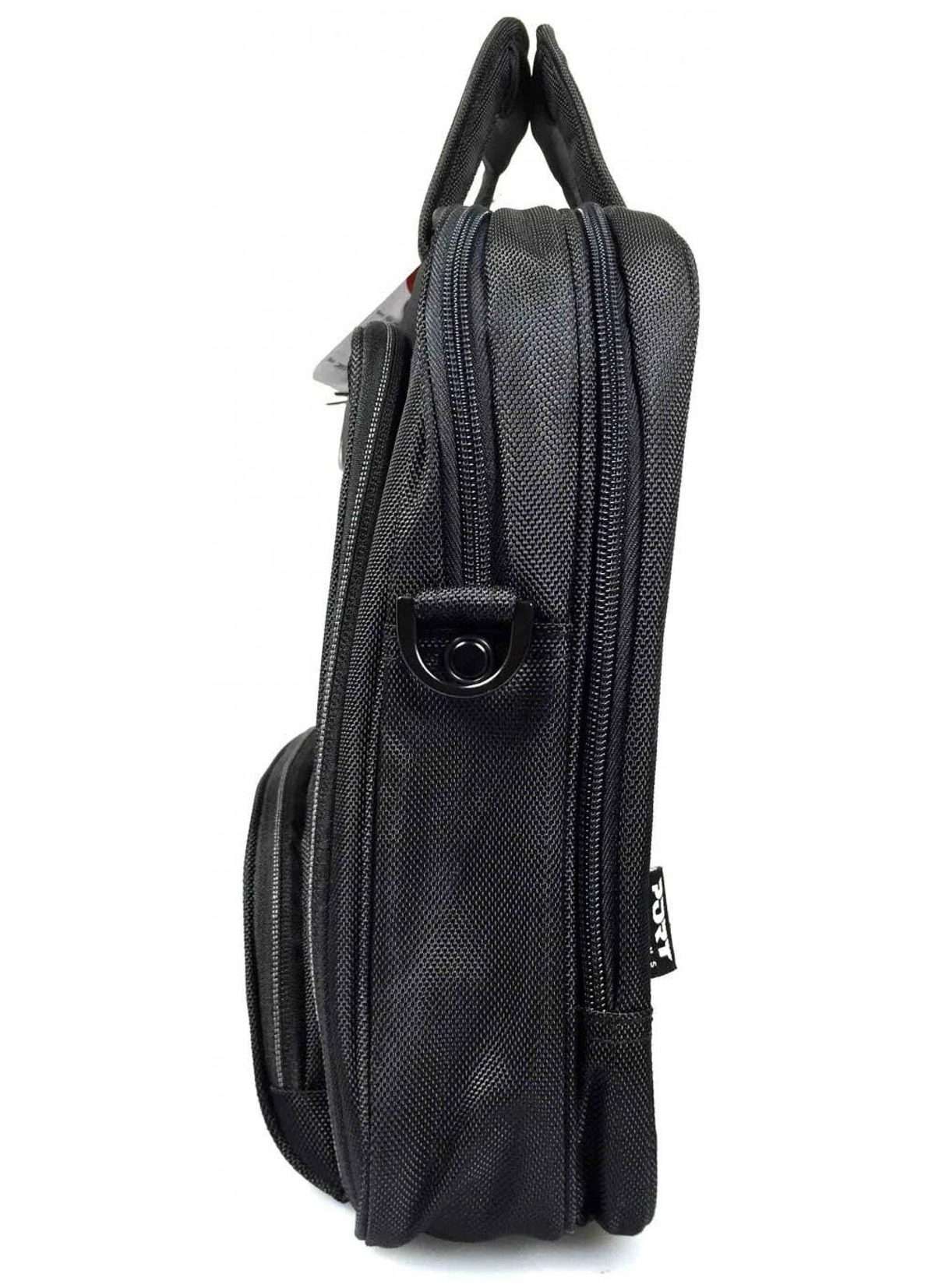 Vista laterale nera di una borsa per laptop. Sono visibili una maniglia e una cerniera.