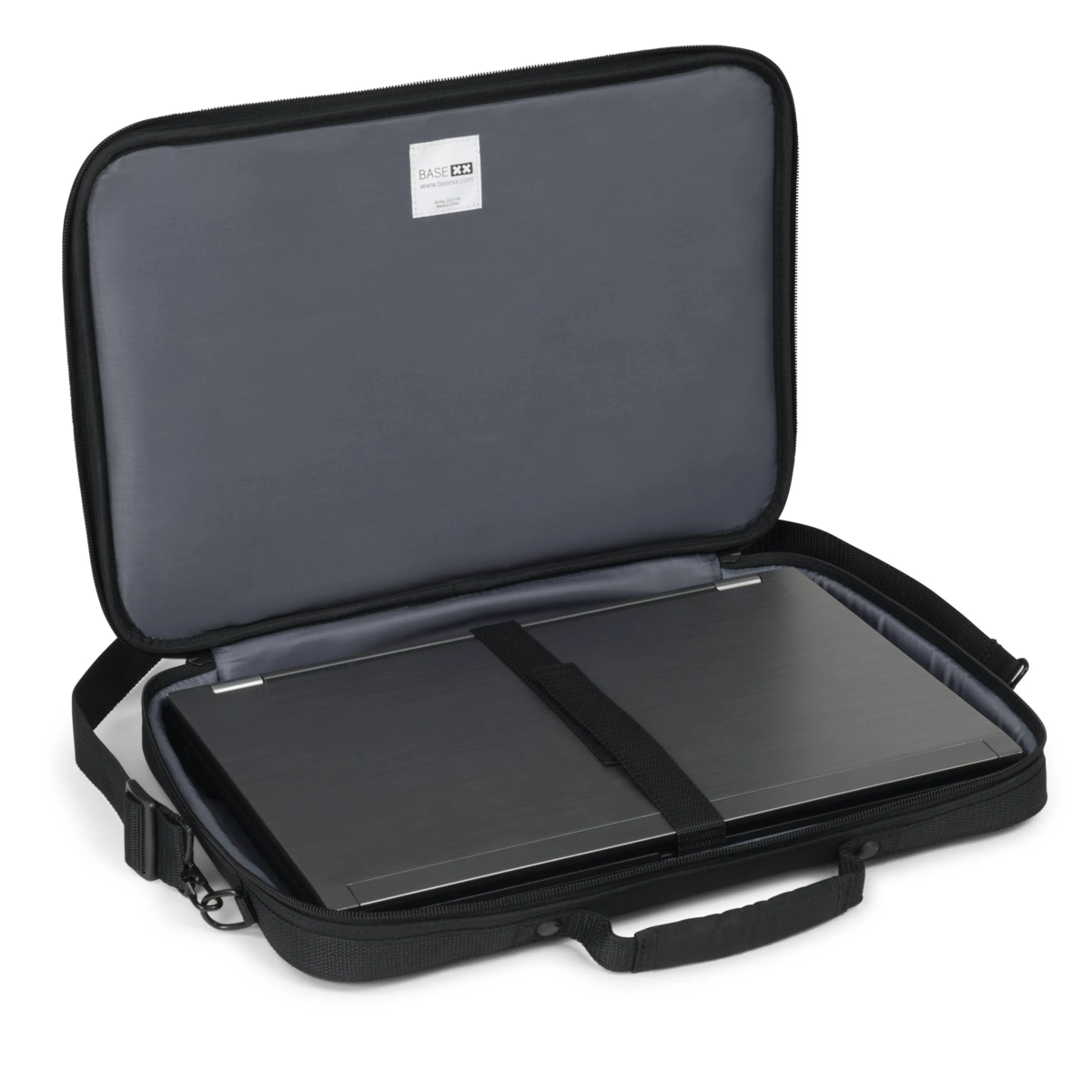 Schwarze Laptoptasche, offen, mit einem Laptop darin.