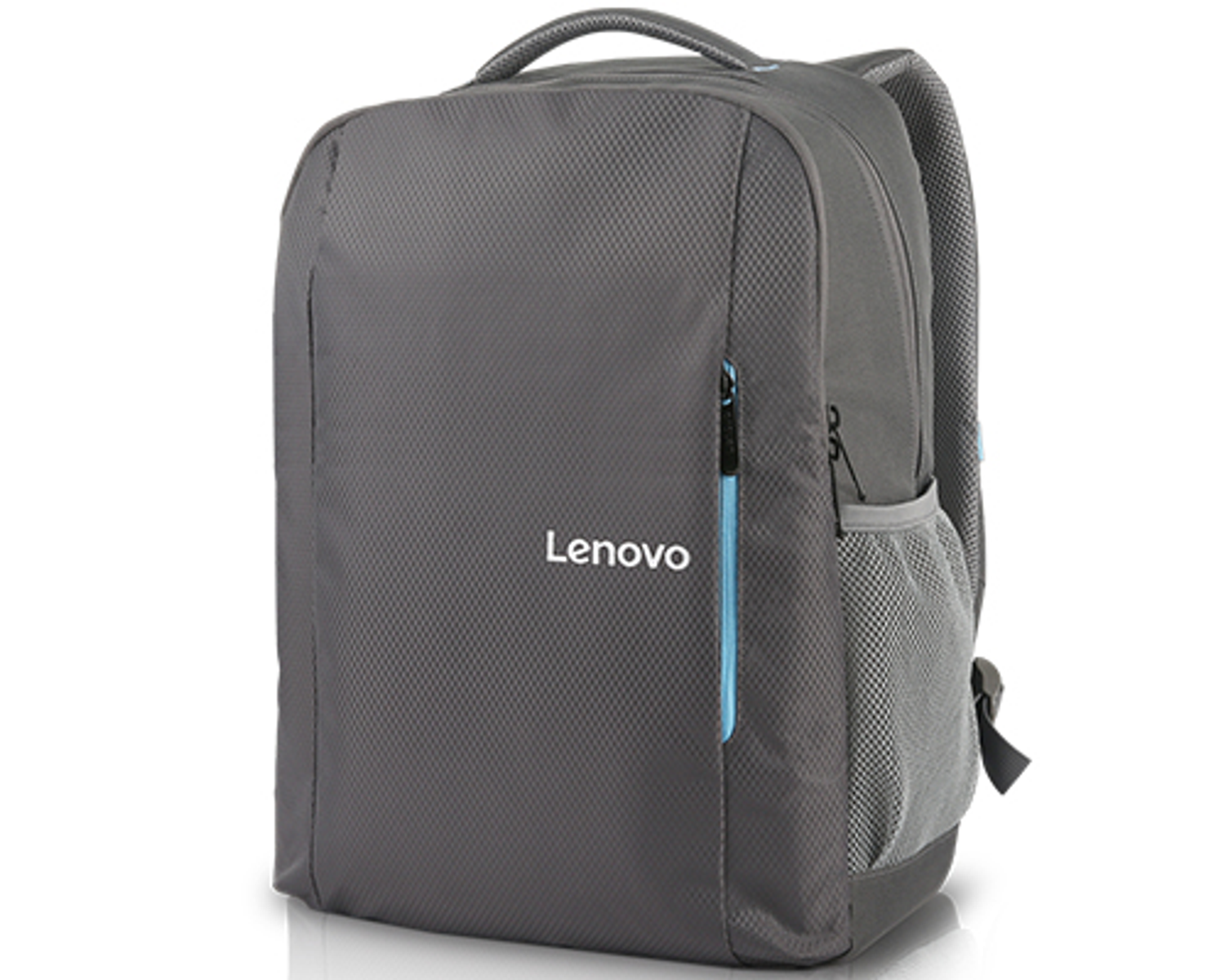Ein grauer Lenovo-Rucksack mit blauen Reißverschlussakzenten. Weißer Hintergrund.