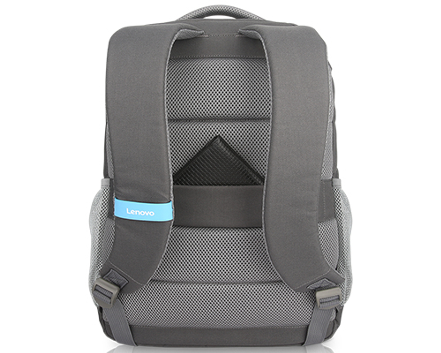 Il retro di uno zaino Lenovo grigio. Lo zaino ha un'etichetta blu e supporto dorsale in rete.