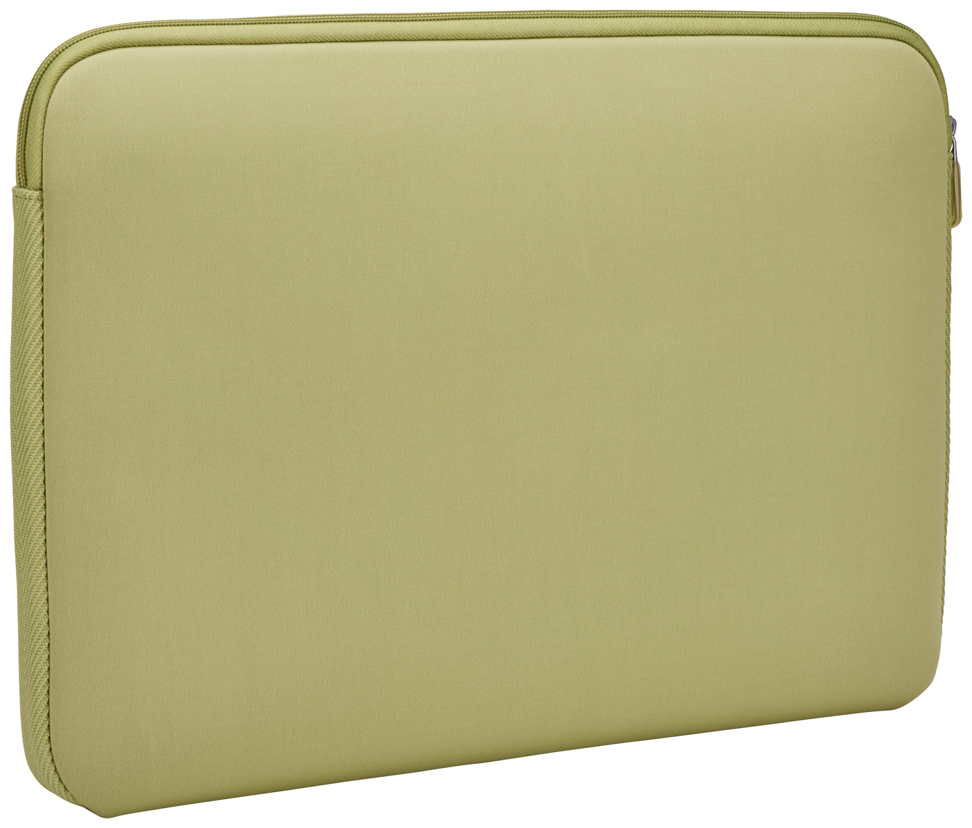 Custodia per laptop verde oliva con cerniera. La custodia è rettangolare e chiusa.