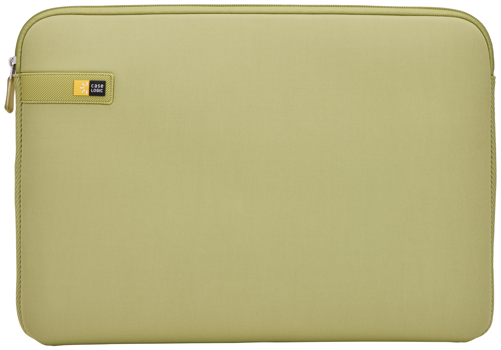 Custodia per laptop verde chiaro con cerniera e un piccolo logo.