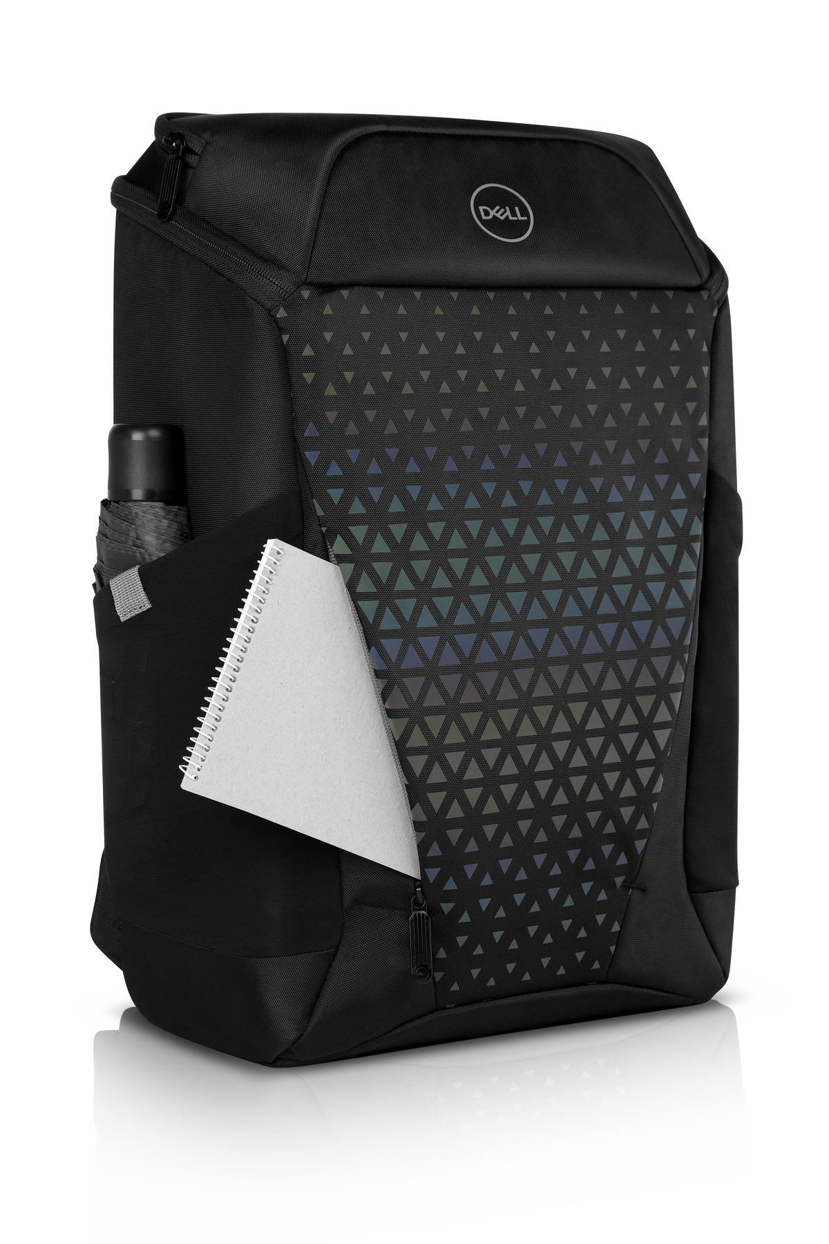 Zaino Dell nero con design geometrico e bottiglia d'acqua nella tasca laterale.