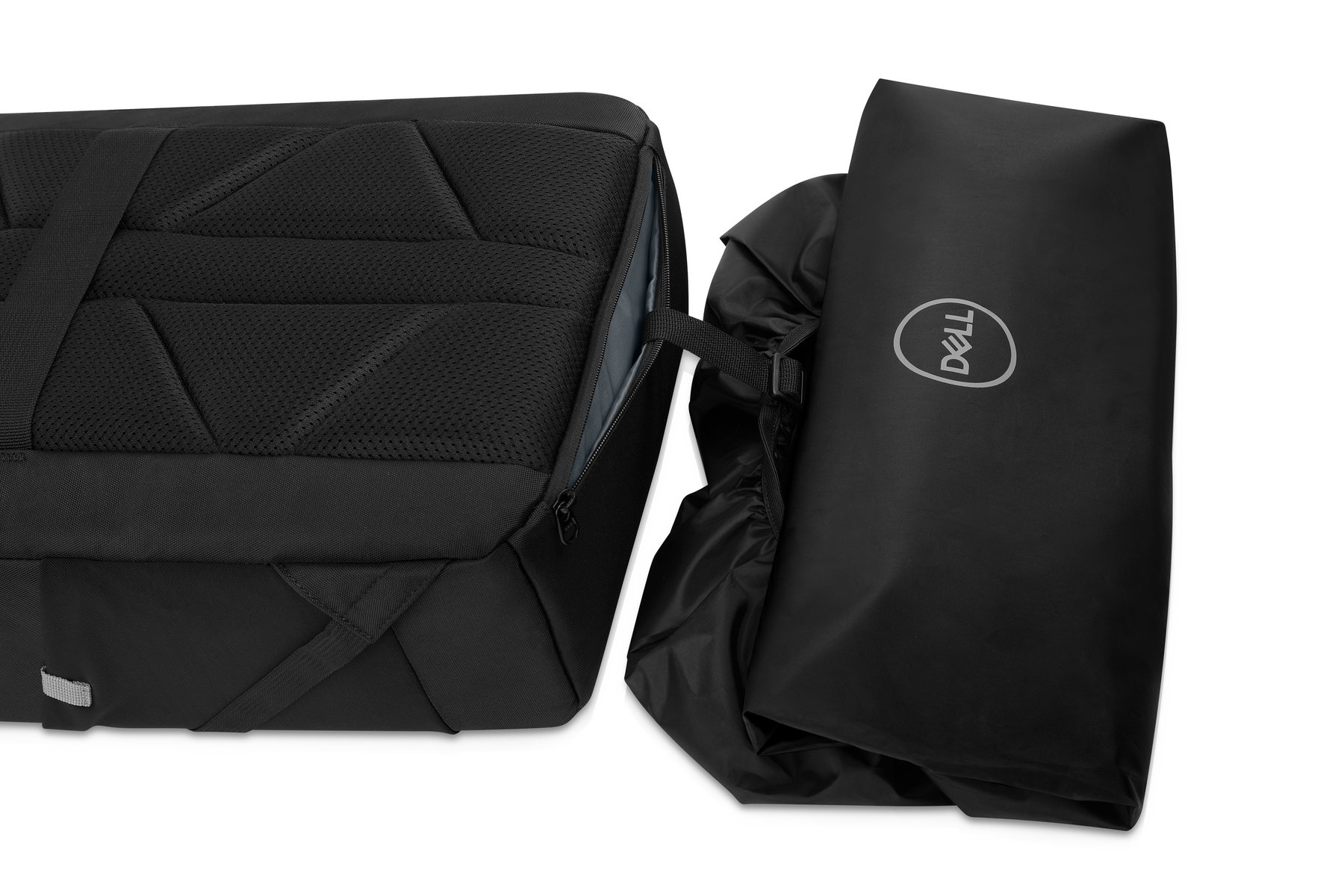 Zaino per laptop nero con tasca aperta e copertura antipioggia di Dell.