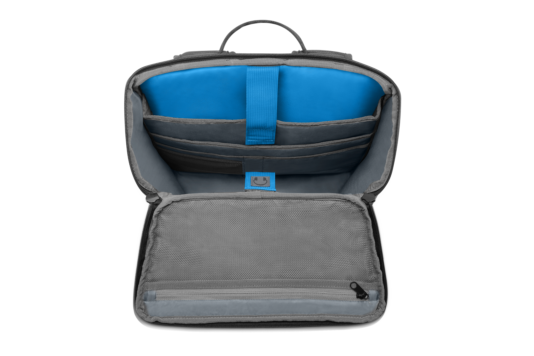 Zaino aperto con un'area blu imbottita per un laptop, interno grigio e una tasca con cerniera.
