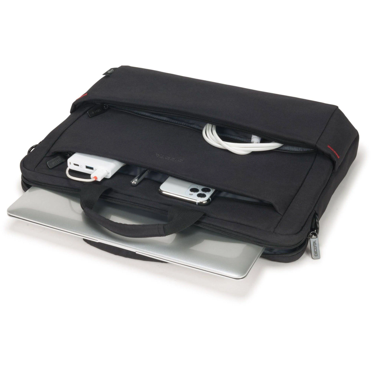 Una borsa per laptop nera aperta con un laptop e accessori visibili, tra cui un telefono e cavi di ricarica.