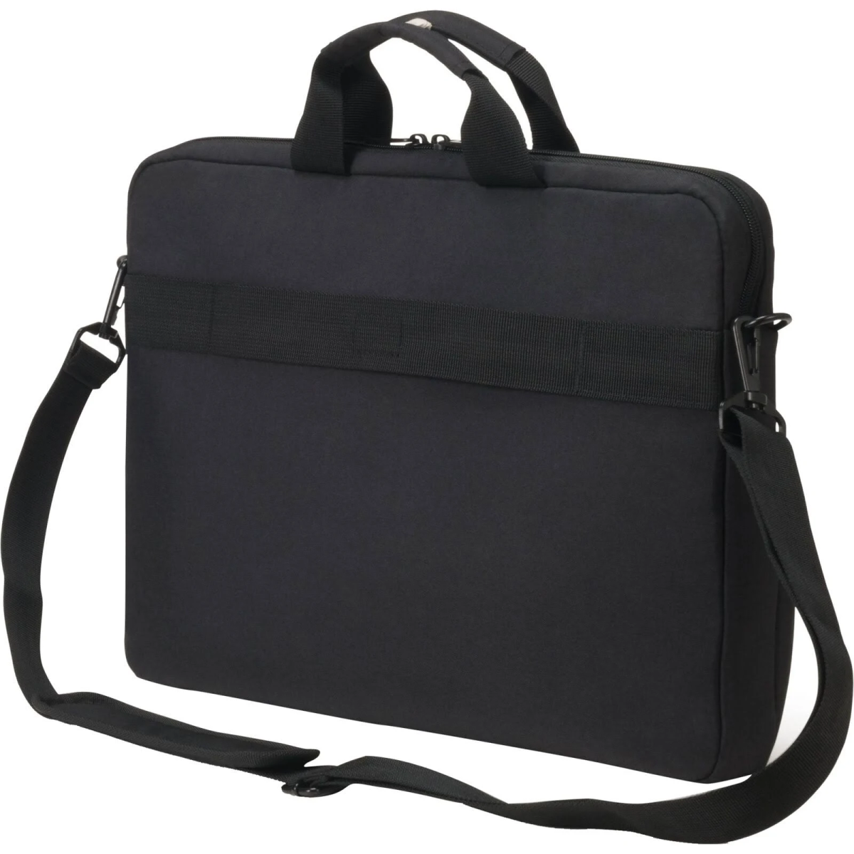 Una borsa per laptop nera con manico e tracolla.