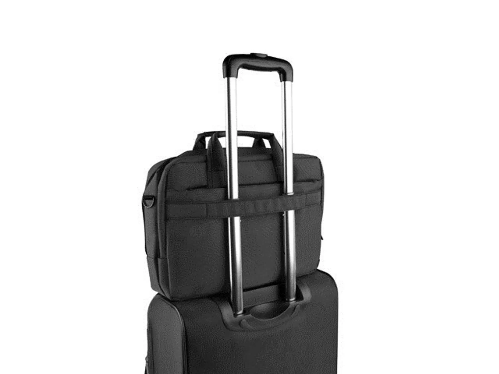 Borsa per laptop nera sopra una valigia nera con ruote, con manico esteso.
