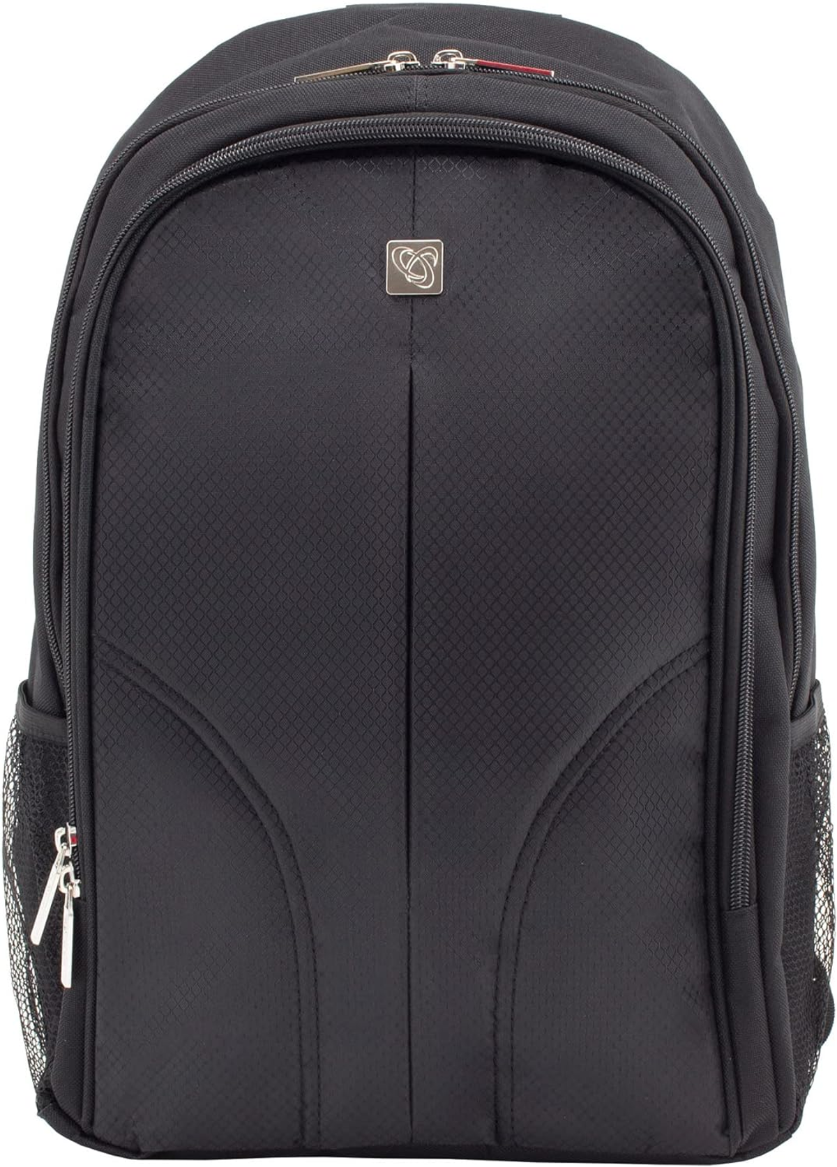 Uno zaino nero con un logo argentato sulla parte anteriore e tasche in rete sul lato.