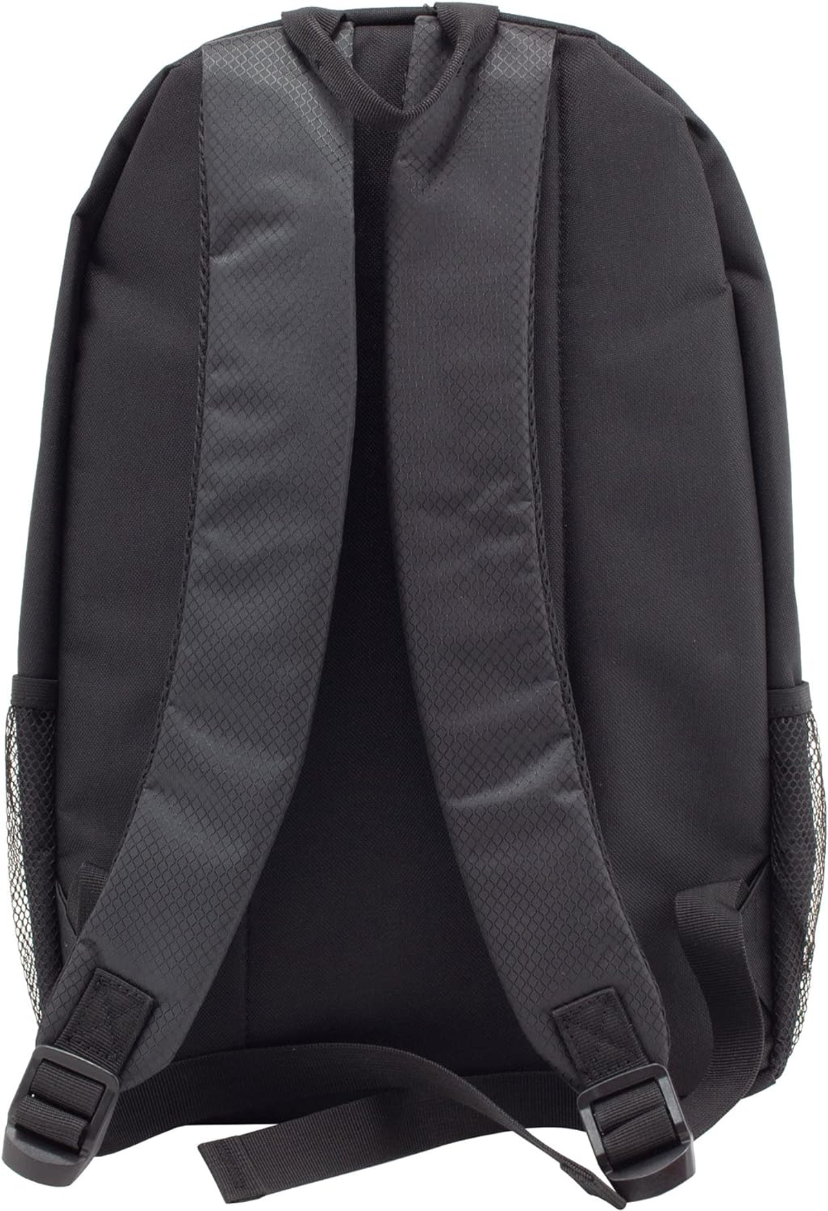 La vista posteriore di uno zaino nero con spallacci neri e tasche laterali in rete.