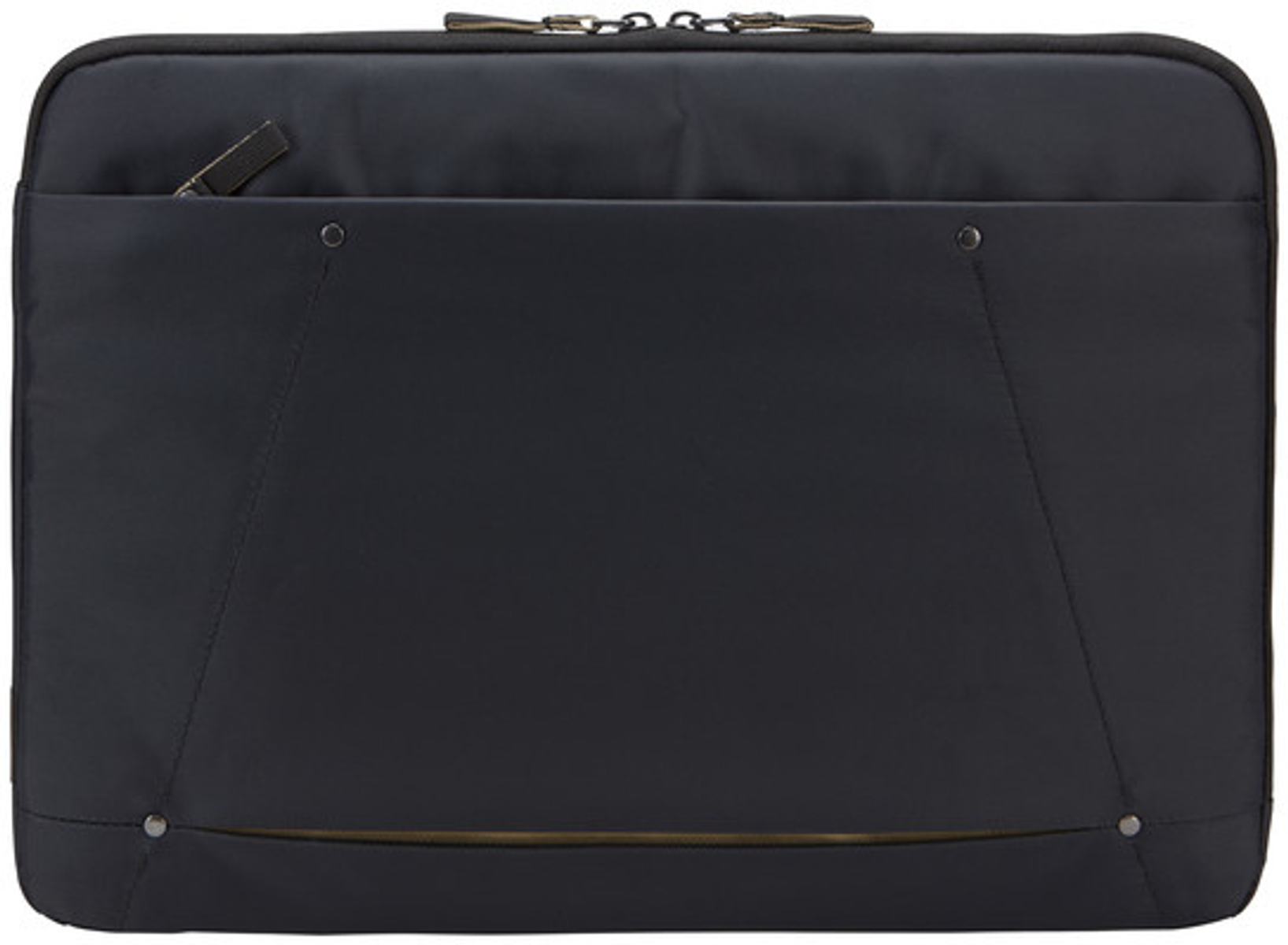 Een zwarte laptoptas, met een rits en een zak.