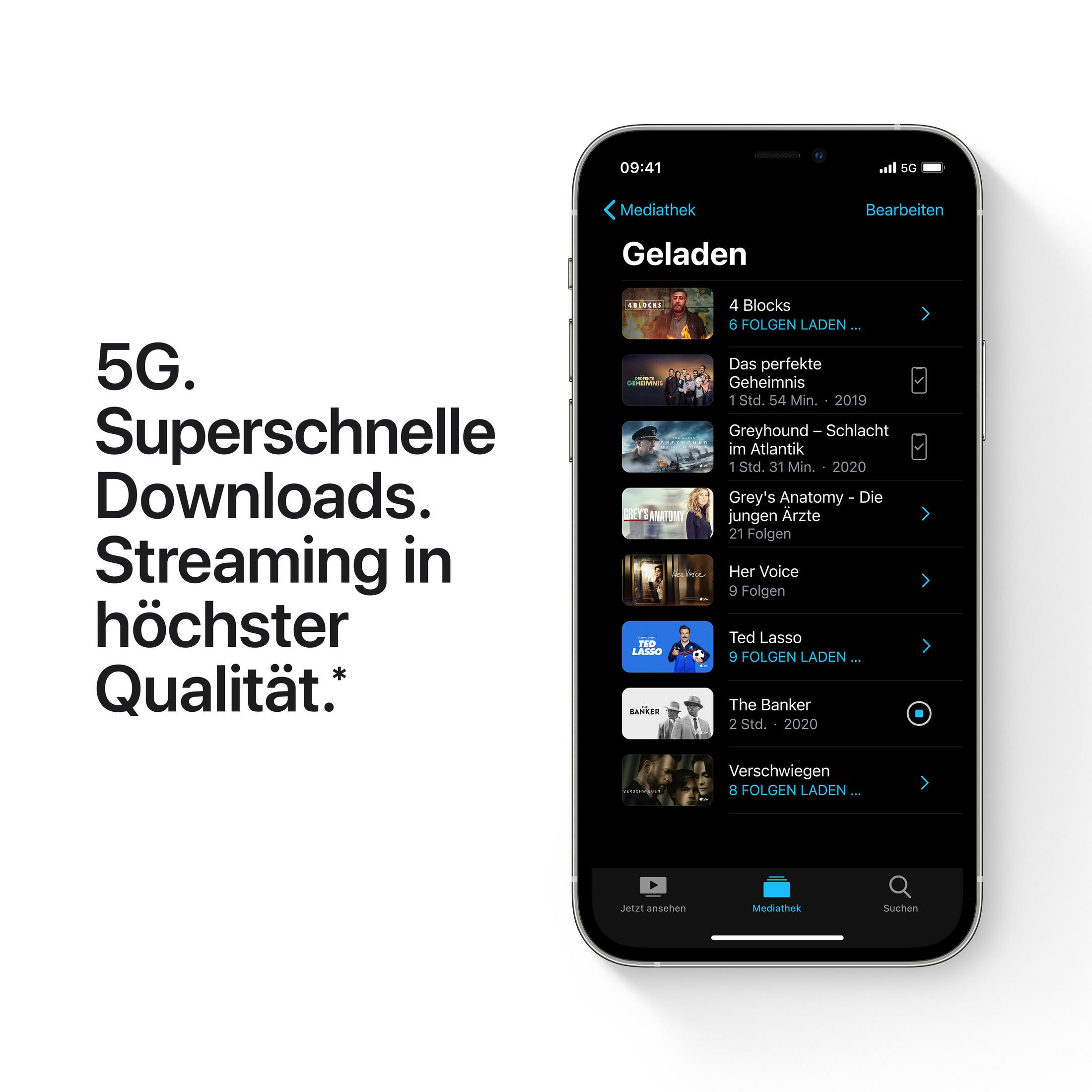 Telefon wyświetla aplikację do streamingu. Tekst: 5G, superszybkie pobieranie, streaming w najwyższej jakości.