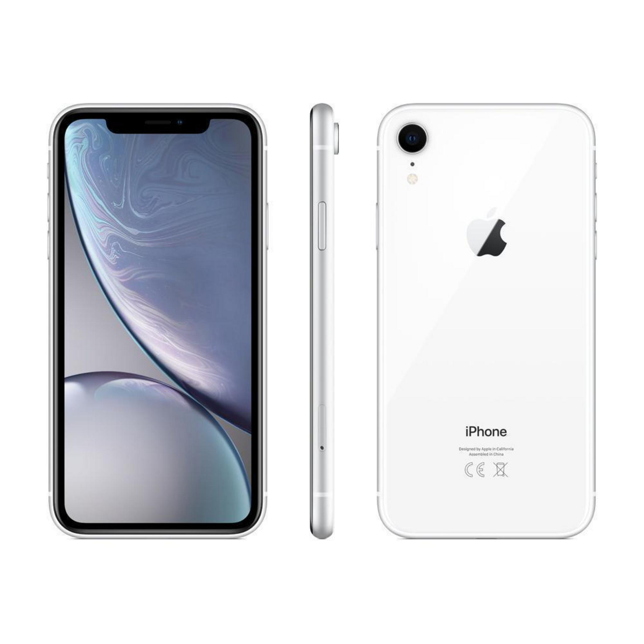 Drei Ansichten eines weißen iPhones. Die Vorderansicht zeigt den Bildschirm, die Seite den Rand, hinten.