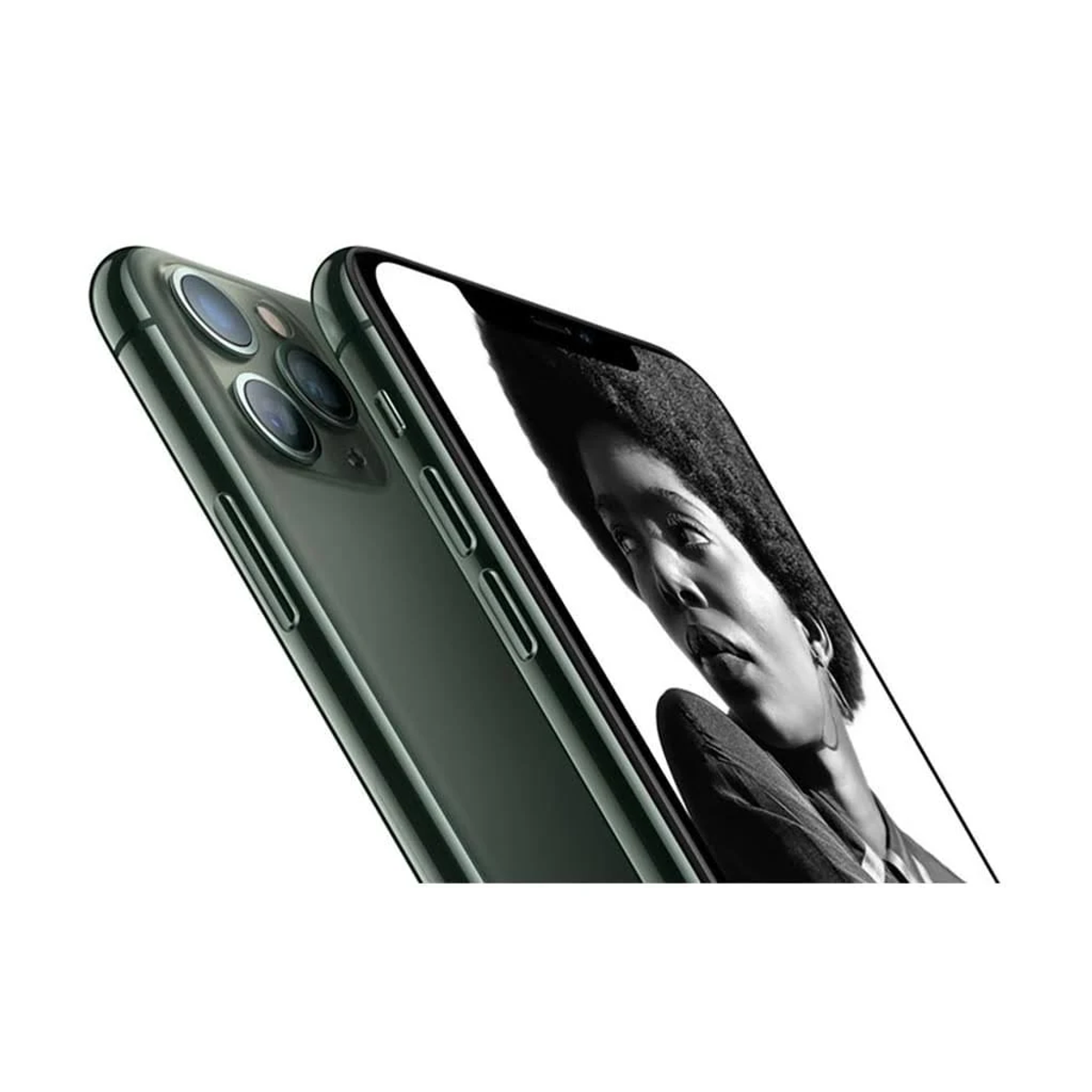 Dwa iPhone'y z czarnymi ekranami, z twarzą kobiety na jednym.