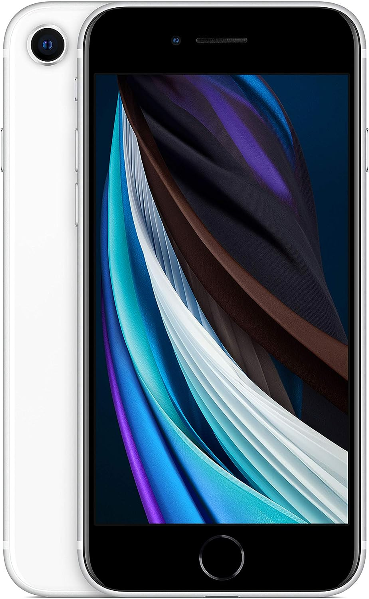 Weißes iPhone mit schwarzem Bildschirm, das ein abstraktes farbenfrohes Bild zeigt.