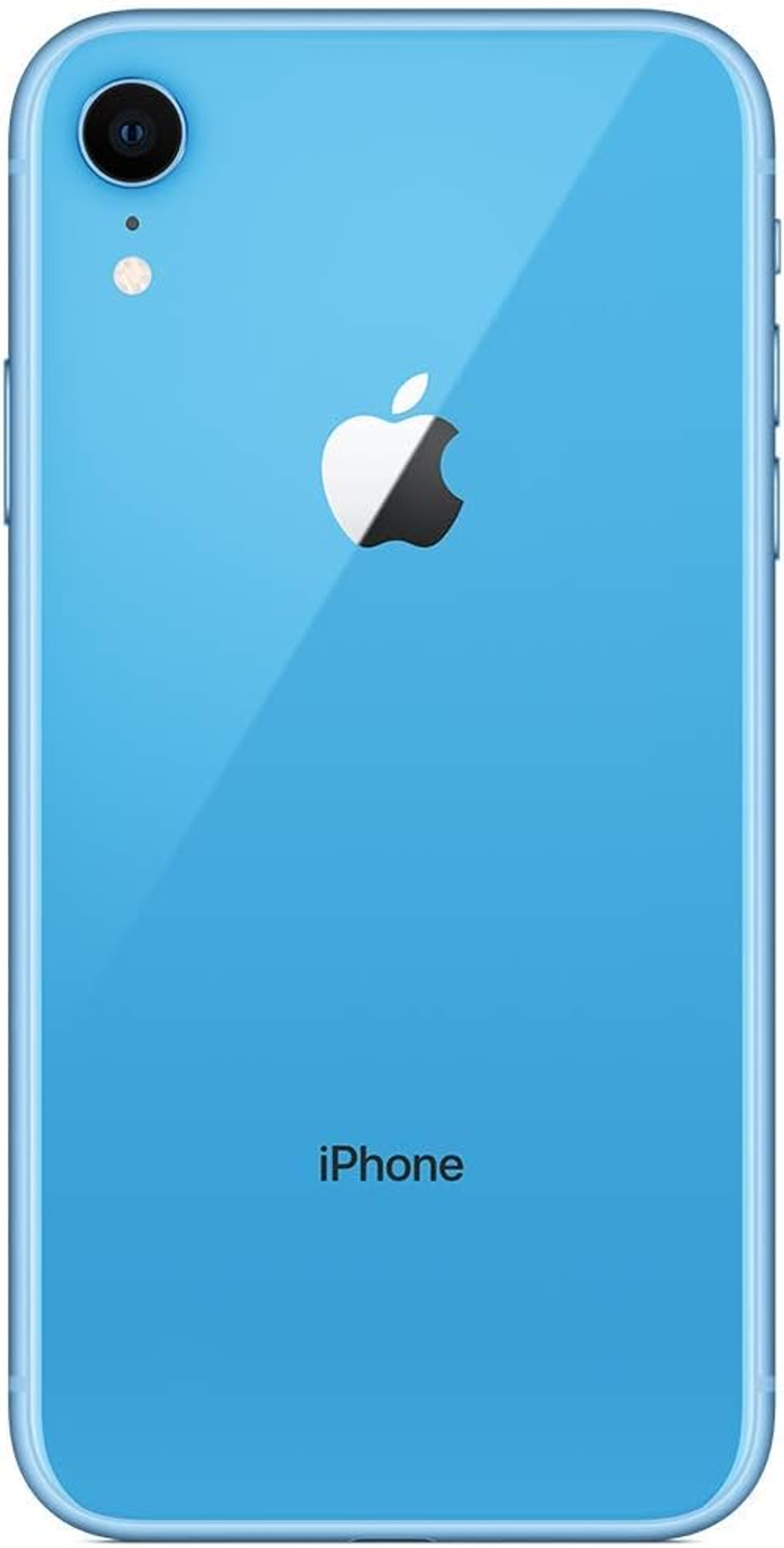 Rückansicht eines blauen iPhones mit schwarzer Kamera und Apple-Logo.