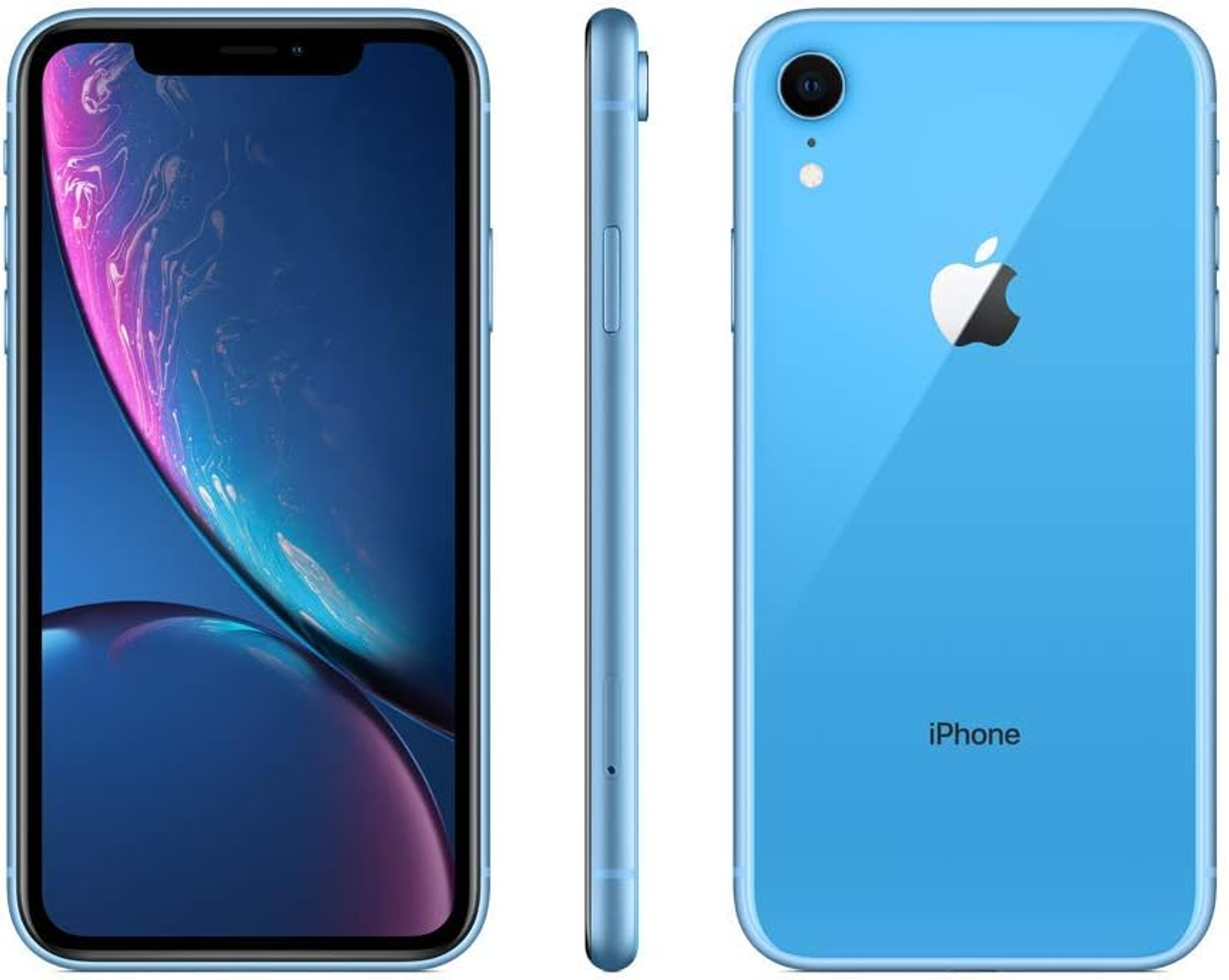 Ein blaues iPhone aus drei Blickwinkeln: vorne, Seite und hinten. Das Telefon hat eine Kamera und das Apple-Logo.