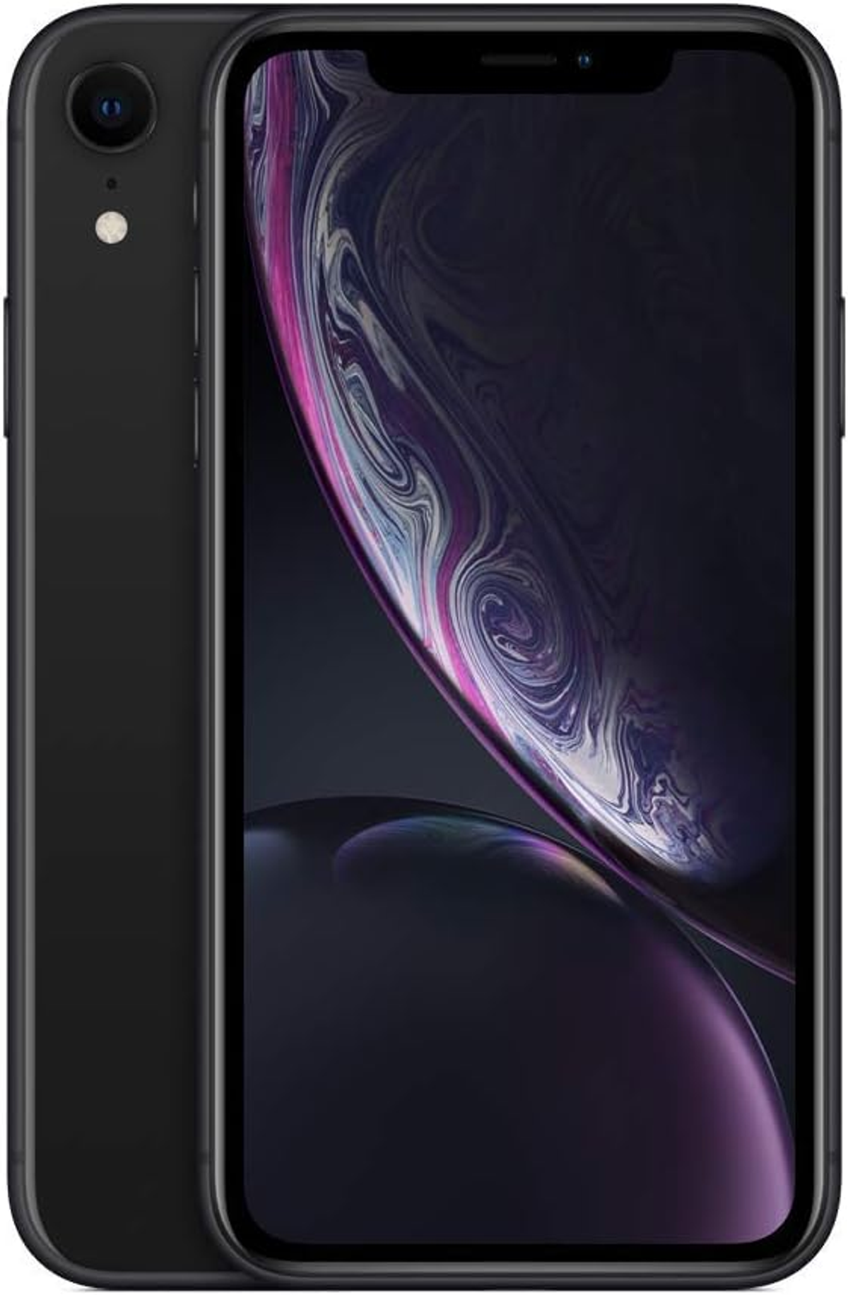 Ein schwarzes iPhone XR. Das Telefon wird von vorne und hinten gezeigt. Es hat ein Dual-Kamera-System.