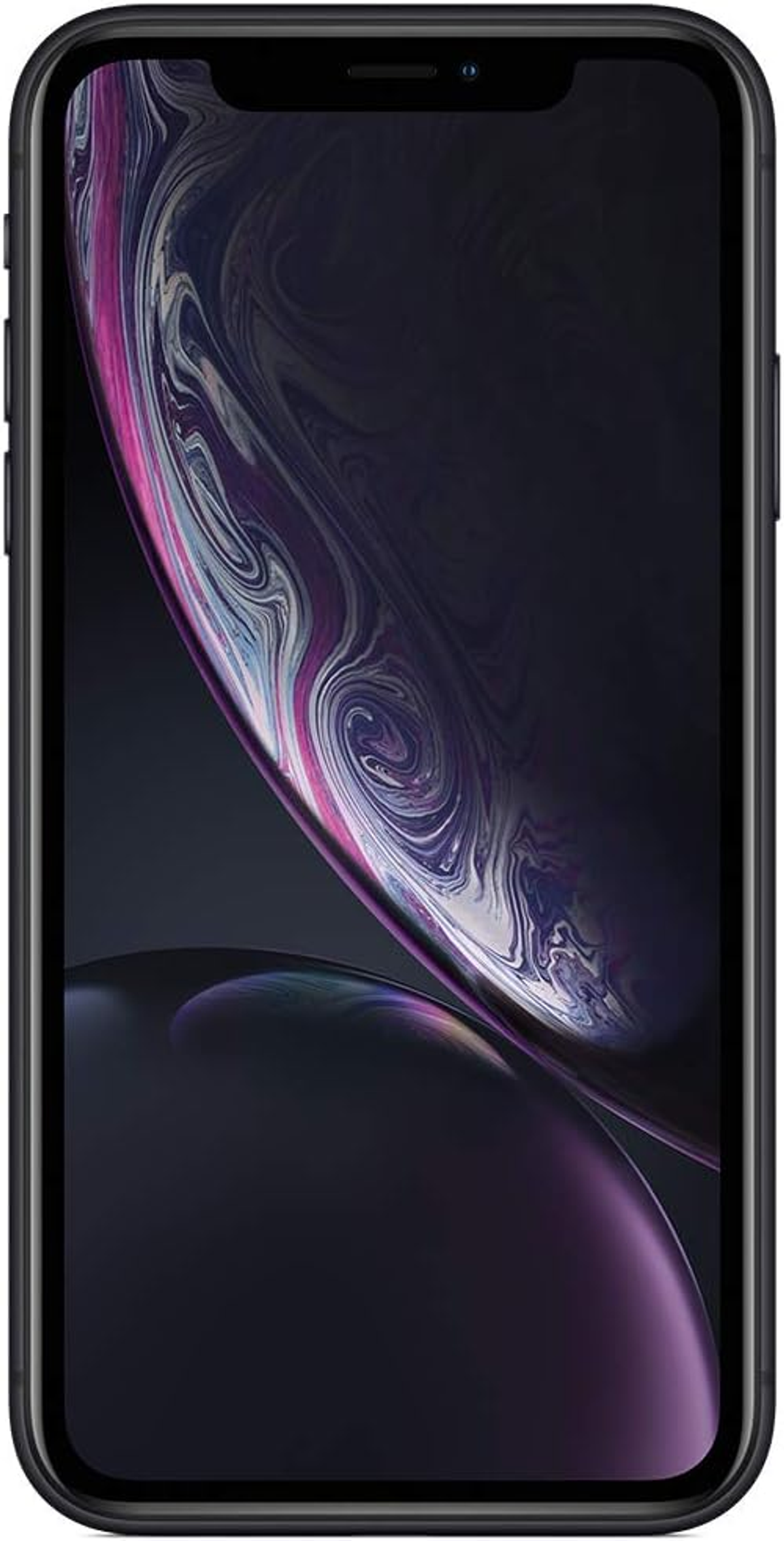 Schwarzes iPhone XR. Der Bildschirm hat ein Wirbelmuster. Das Telefon befindet sich vor einem dunklen Hintergrund.
