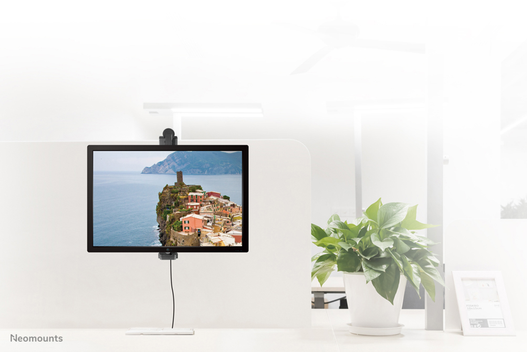 Een computermonitor toont een kustplaats. Een plant staat ernaast op een bureau.