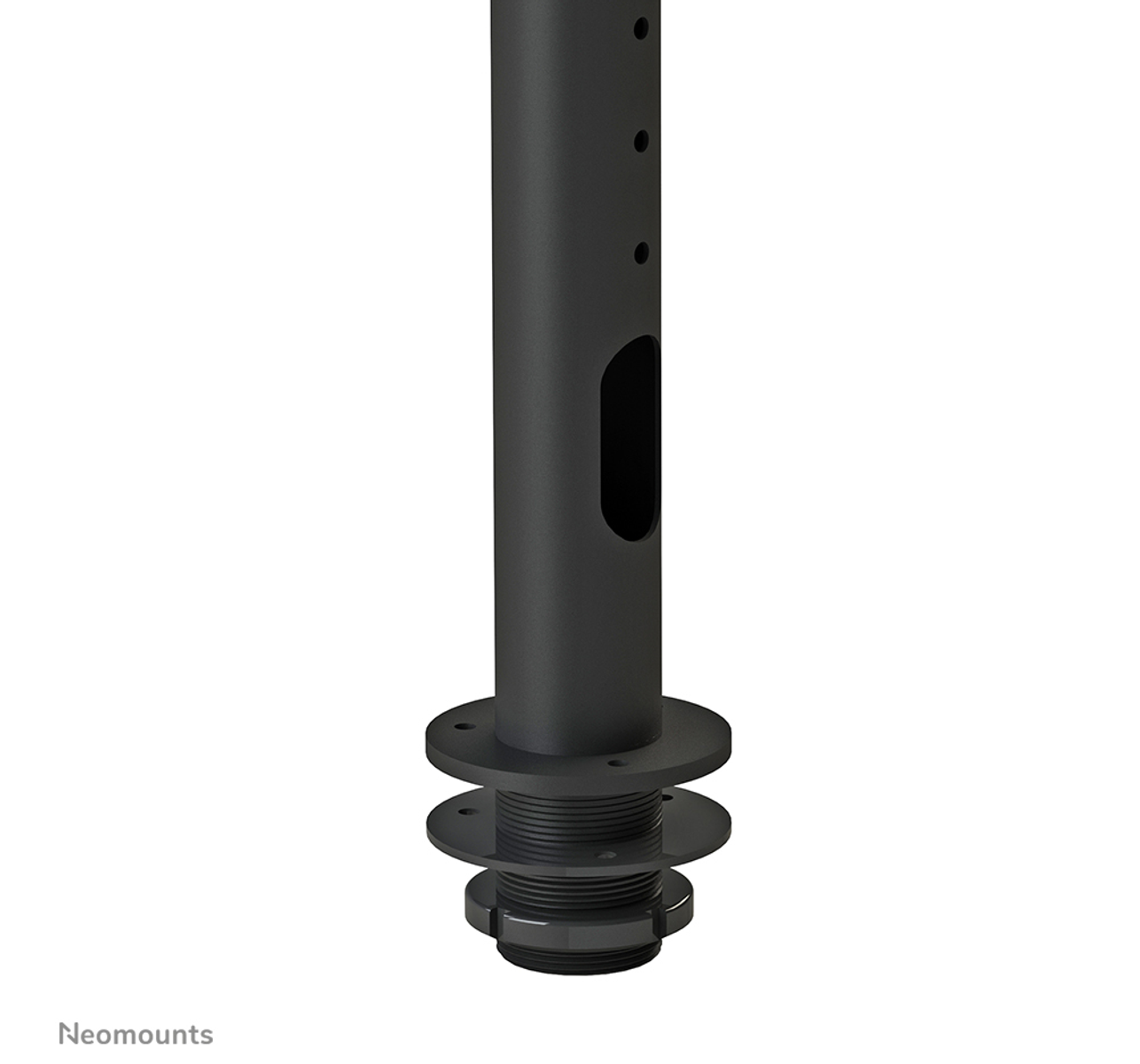 Black metal stand base with mounting components and multiple holes.