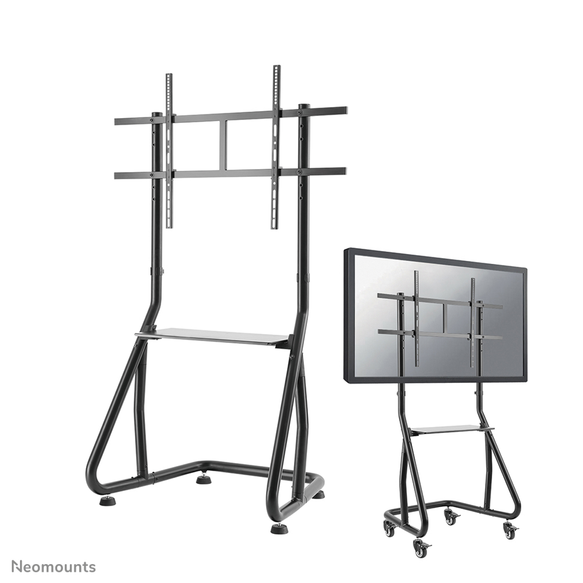 Schwarze TV-Ständer mit Metallrahmen, einer mit Fernseher. Weißer HG.