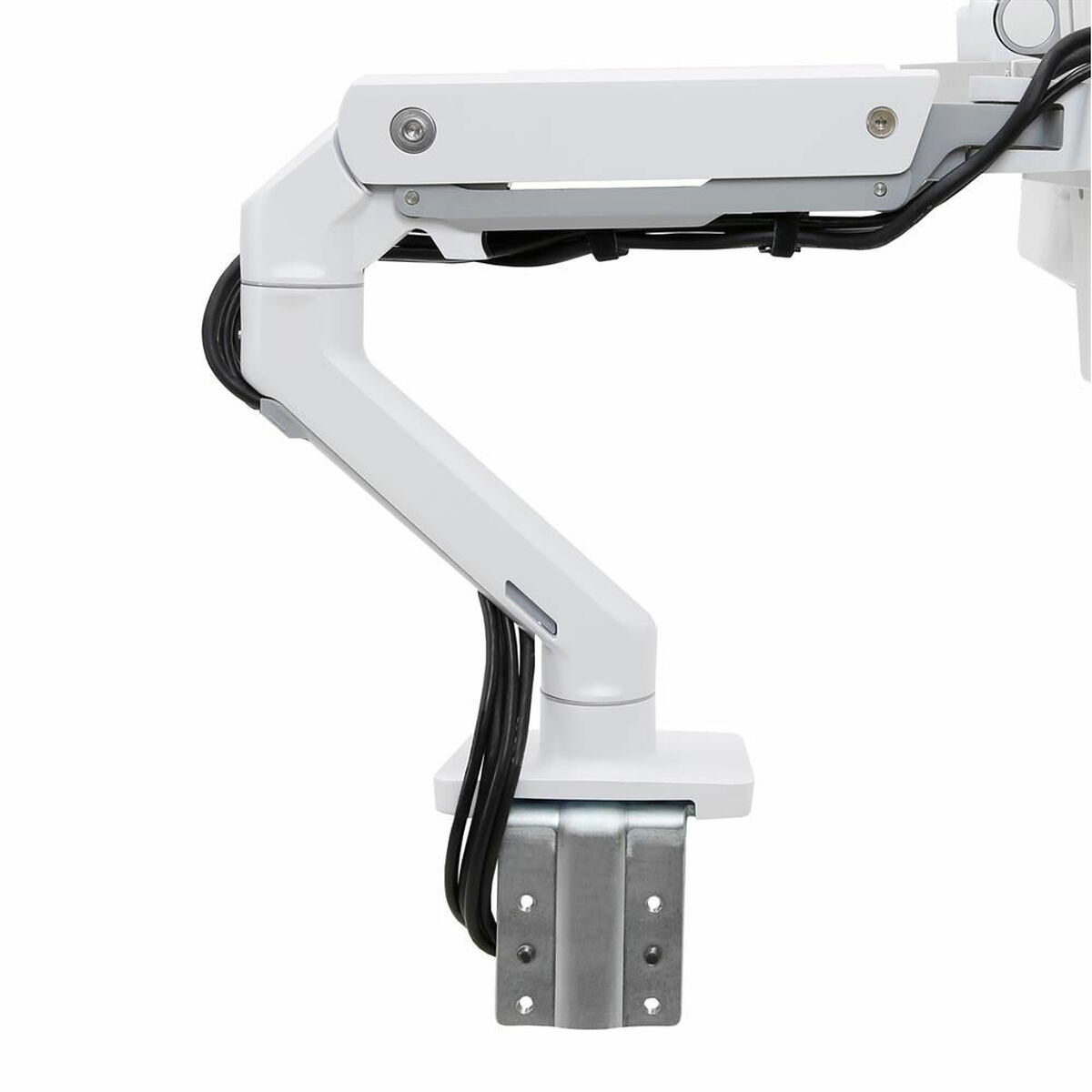A white monitor arm with black cables attached to a white surface.