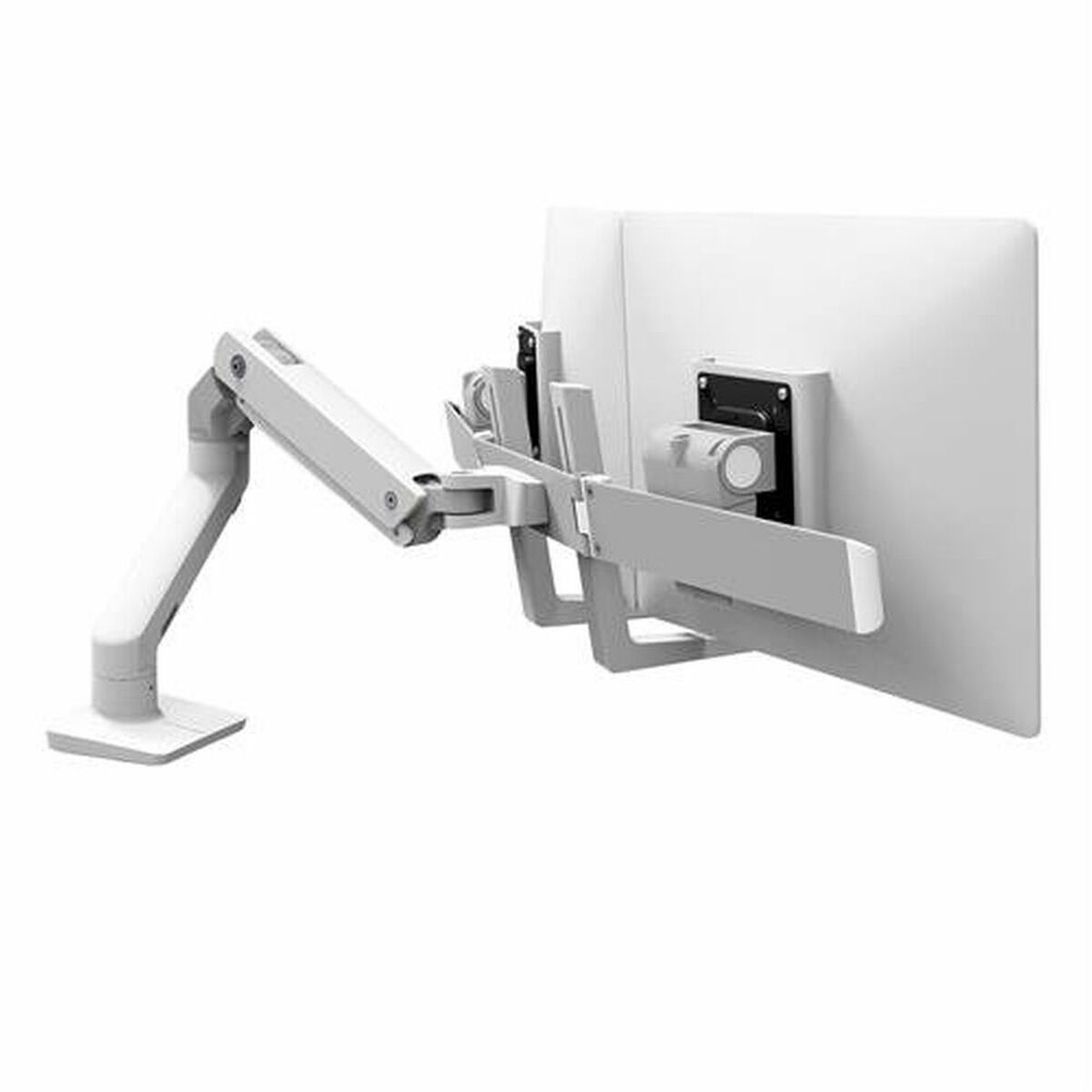 A white monitor mounted on a white adjustable arm, against a white background.