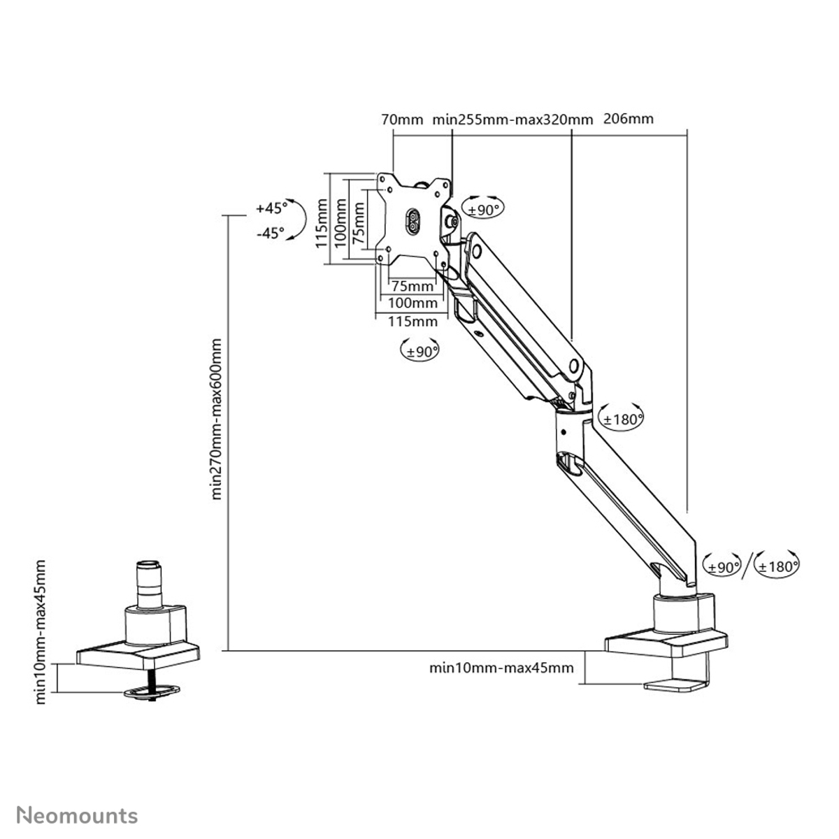 Technical drawing of a monitor arm mount, with dimensions and measurements.