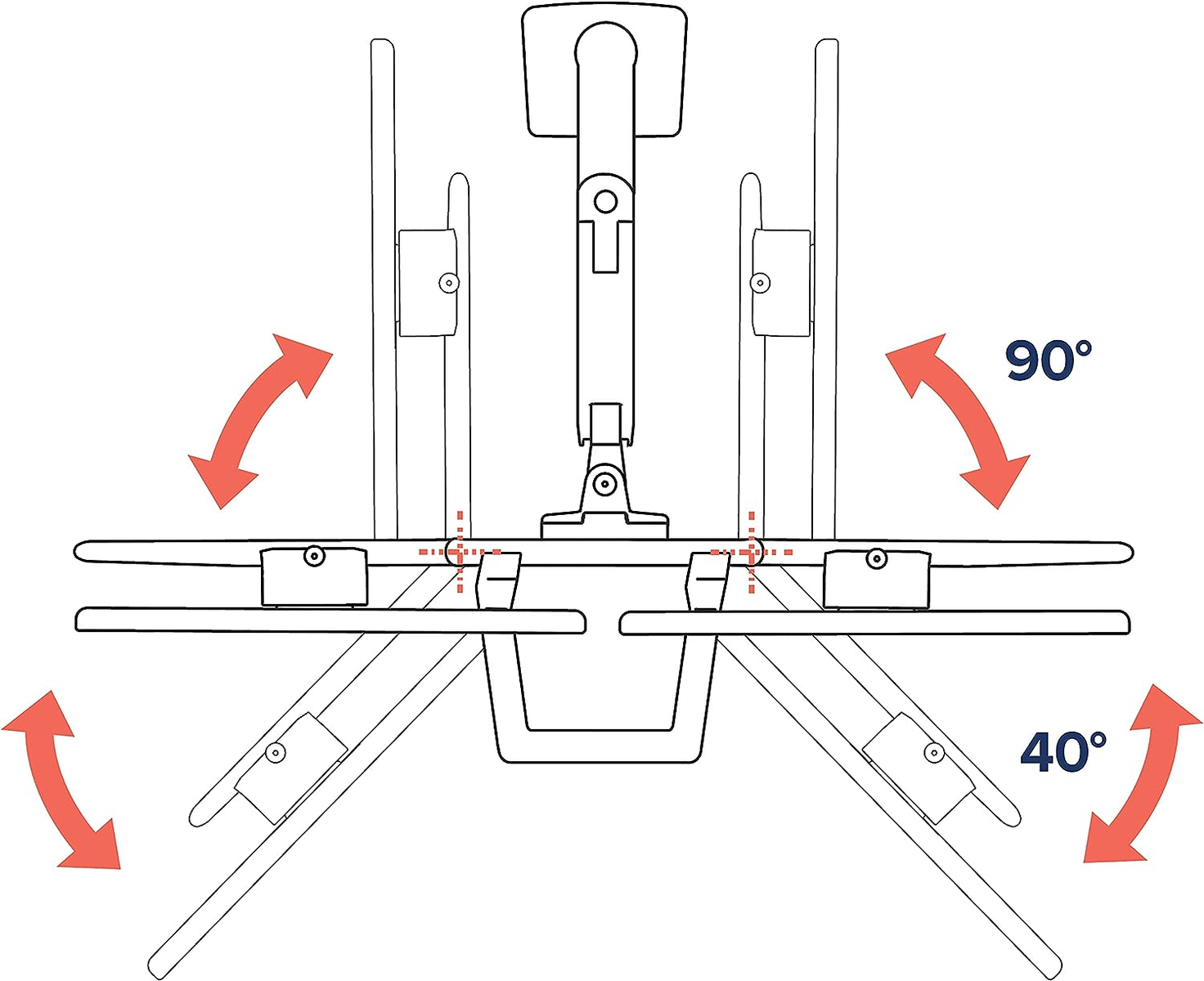 Drawing of a folding table with arrows indicating 90 and 40 degree rotation.