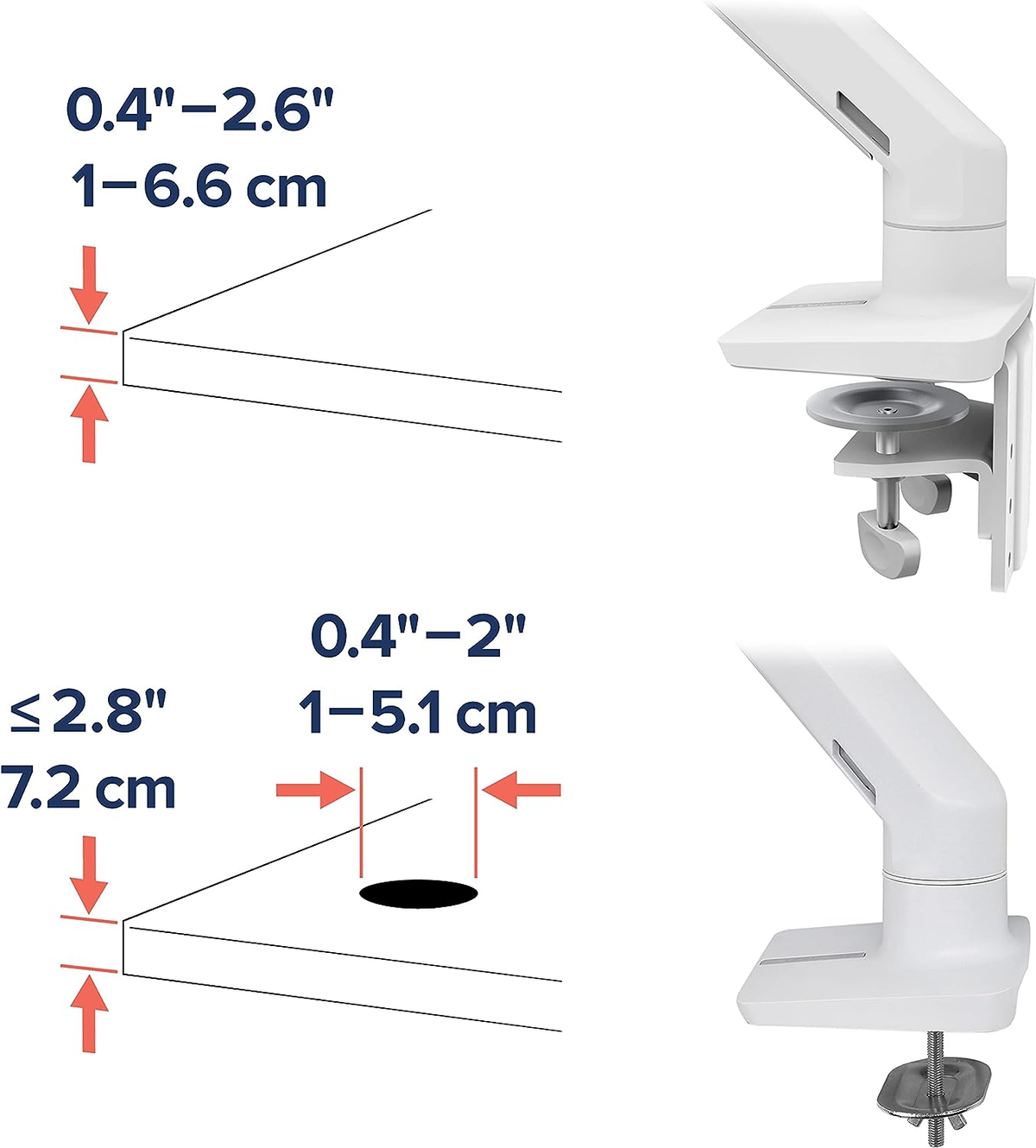 White monitor stand with measurements. It has adjustable arms and a clamp.